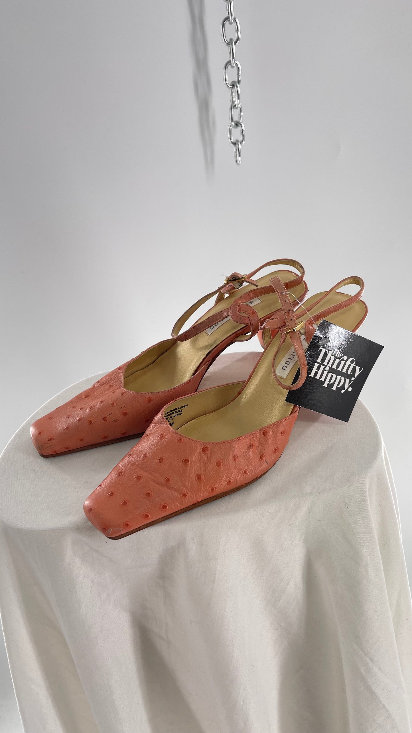 Vintage 1990s Ann Marino Pink Peach Genuine Leather Sling Back Pointed Square Toe Kitten Heel (8)