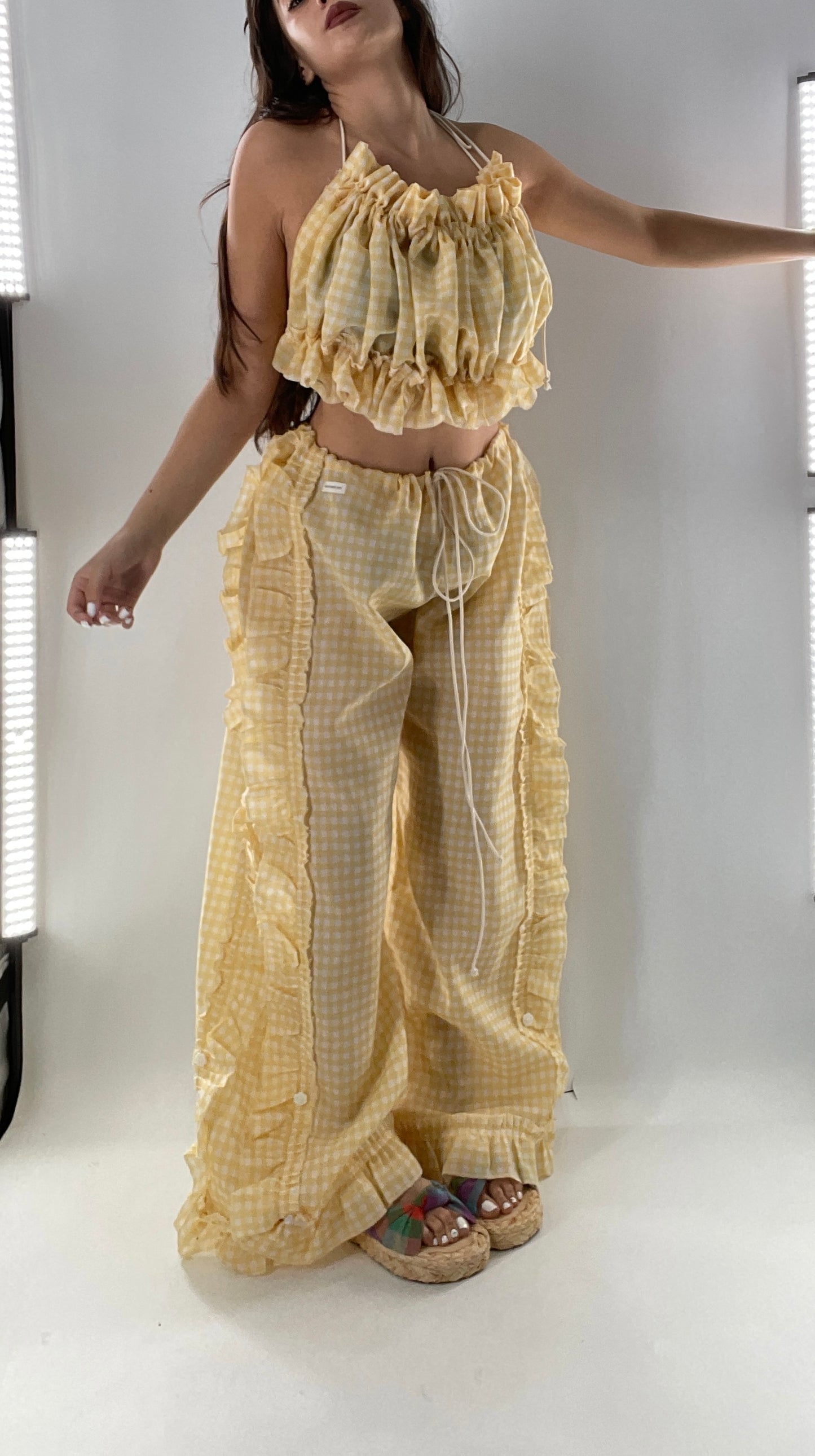 Vintage 2 Piece Yellow Checkered/Gingham Patterned Picnic Set with Ruched Bust Top and Ruffle Side Wide Legs with Adjustable Length, Strap Up Buttons on Hem (One Size)