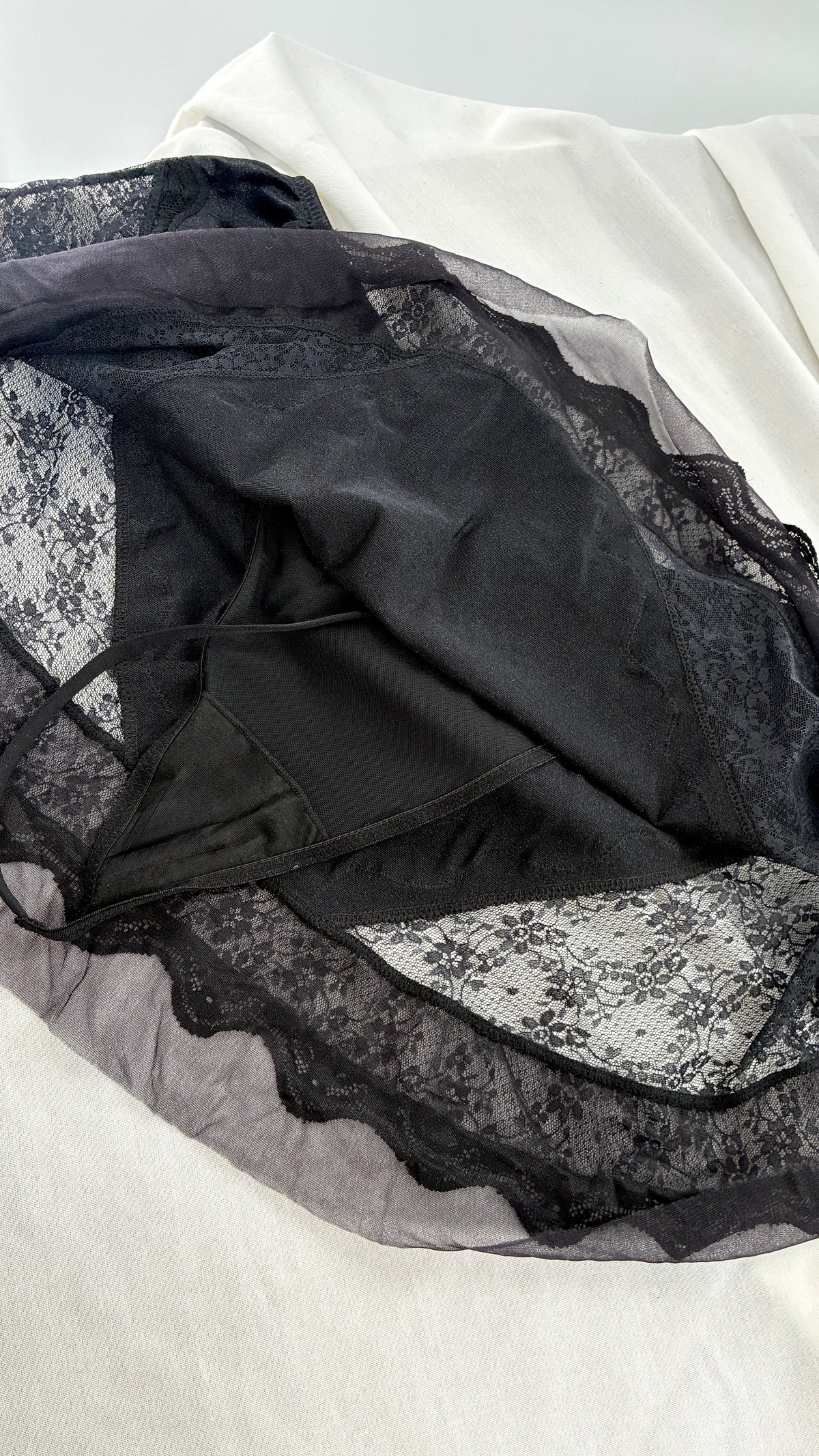 Vintage AMOUREUSE Black Satin Mini Skirt with Lace Hip Panels (1X)