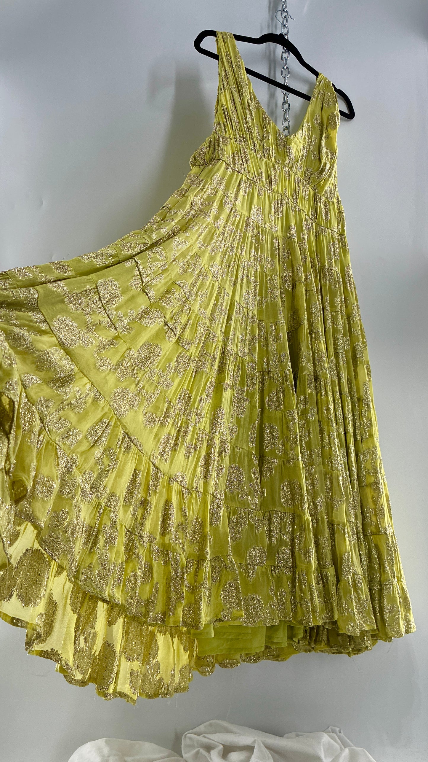 LET ME BE Lime Yellow/Green Ultra Voluminous Tiered Dress with Gold Metallic Jacquard Appliqué Pattern (XL)