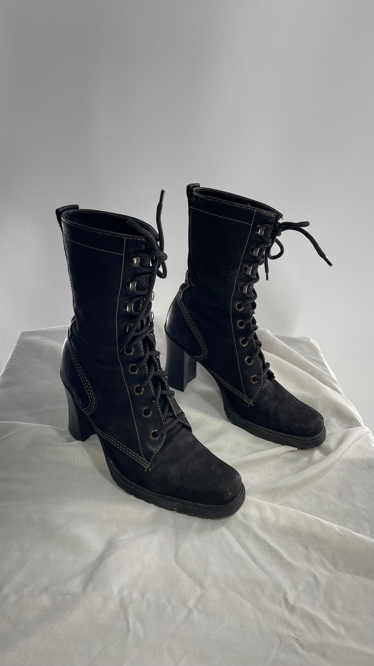 Vintage Nine West Leather Black Lace Up Combat Boots (7)