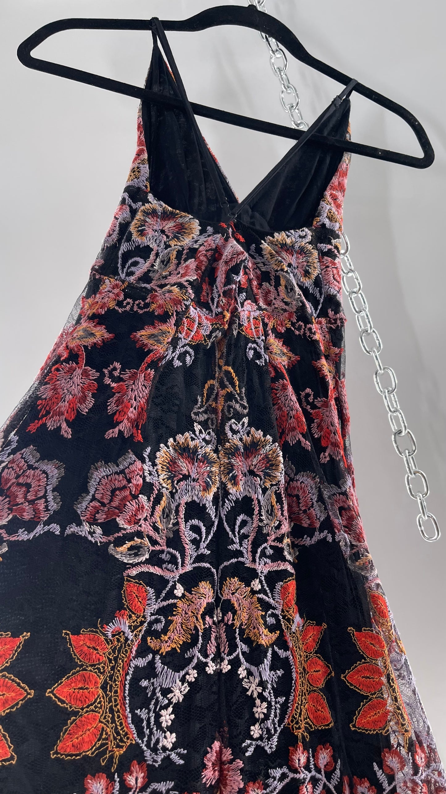 Free People Black Fall Toned Floral Embroidered Tule Sleeveless Maxi Dress (2)
