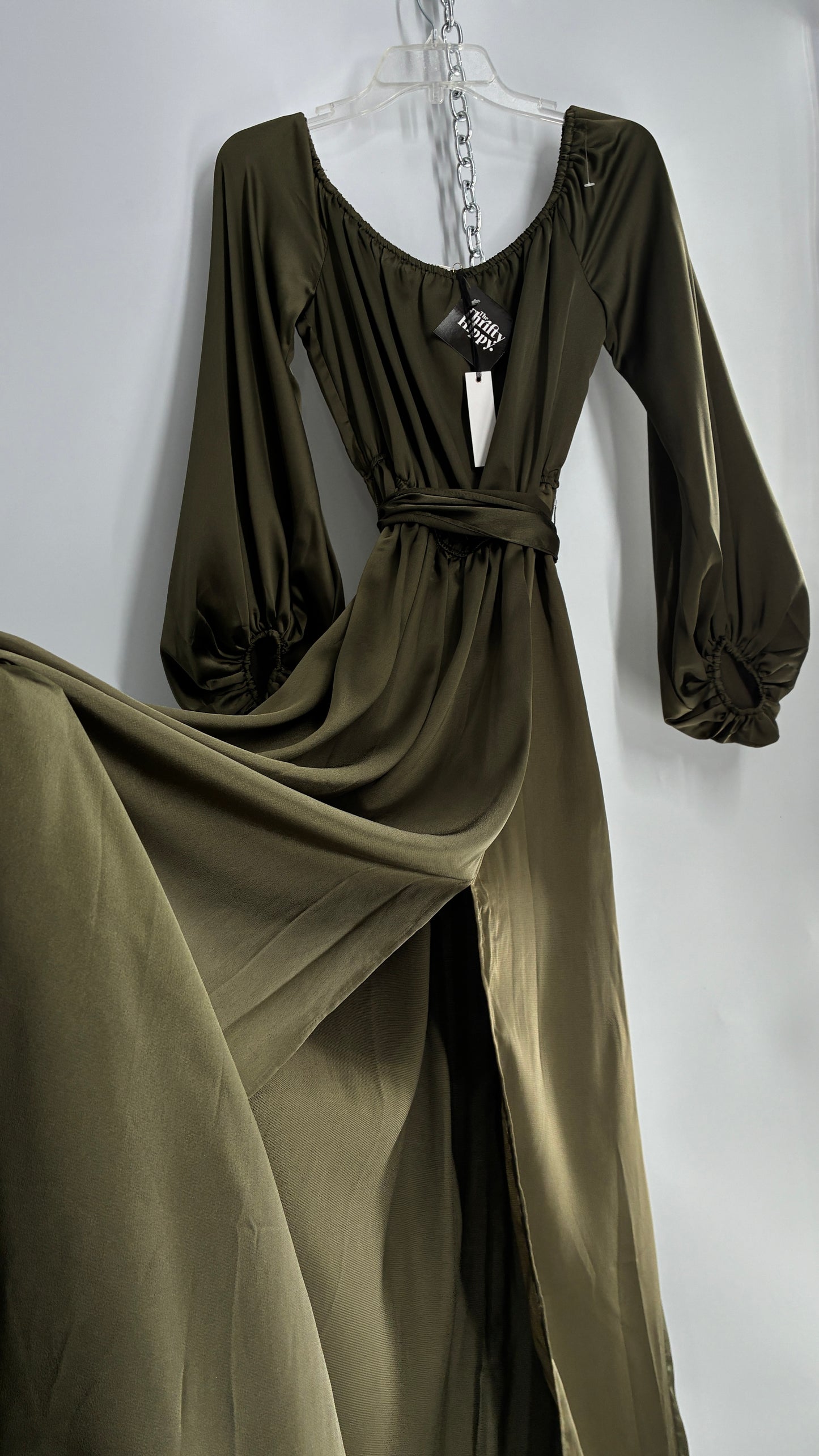 Dress Day Army Green Silky Balloon Sleeve Full Length Gown with Slit and Tags Attached (Medium)