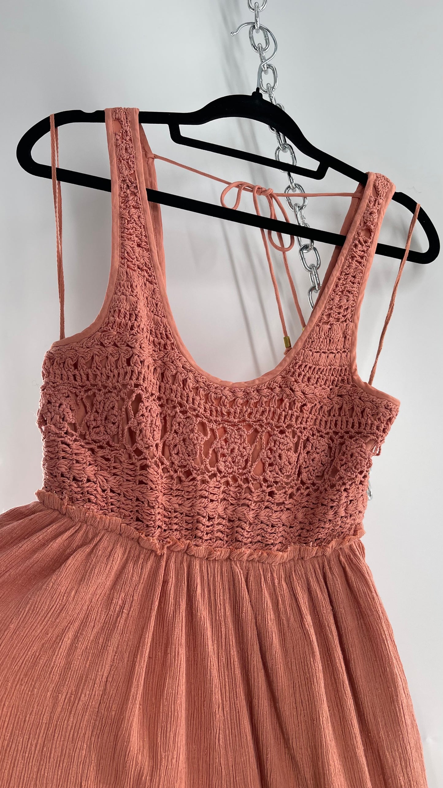 Free People Rose/Peach Pink Wide Leg Jumpsuit with Crochet Bust and Tags Attached (XS)