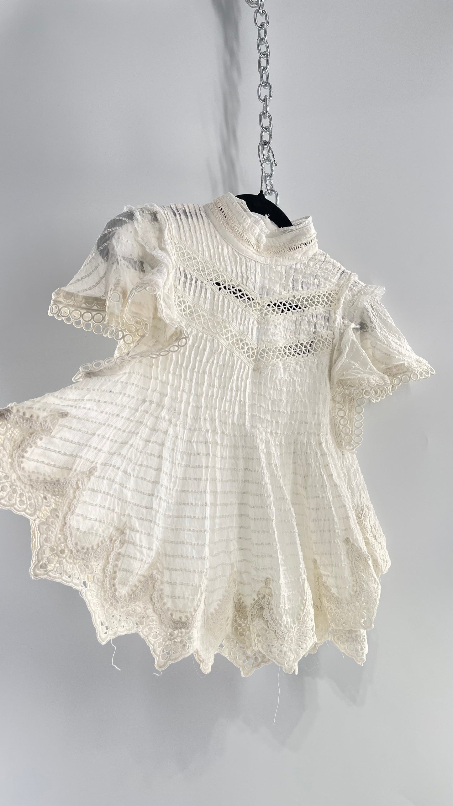 Kimchi Blue White 68% Viscose 32% Cotton Romantic Blouse with High Neck, Textured Body, and Scalloped Lace Hem and Sleeves (Small)