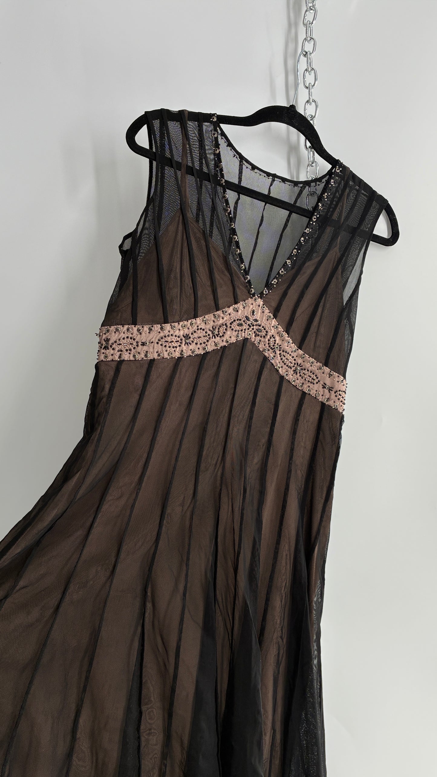 ECI NEW YORK Nude Camisole Dress with Black Mesh Overlay and Beaded Details (8)