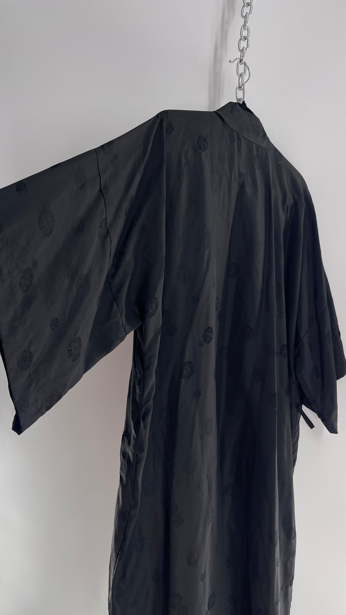 Vintage TREESHA 100% Pure Silk Black Long Embossed Robe (Large)