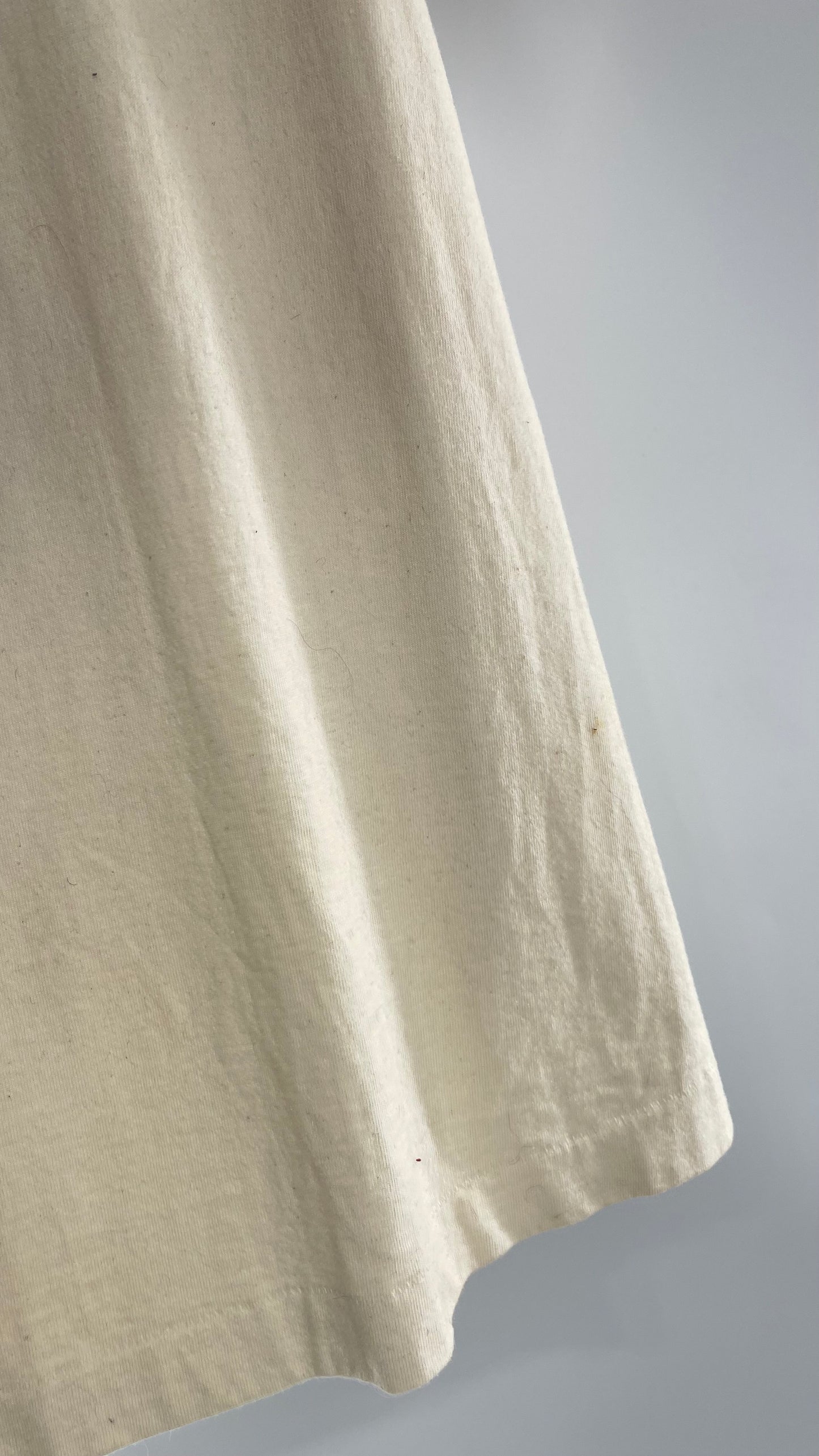 Vintage 1980s GEPETTO Off White Rodeo Western T Shirt with Denim Lined V Neck, Faux Leather Fringe Detail, Embroidery, and Heavy Duty Studs