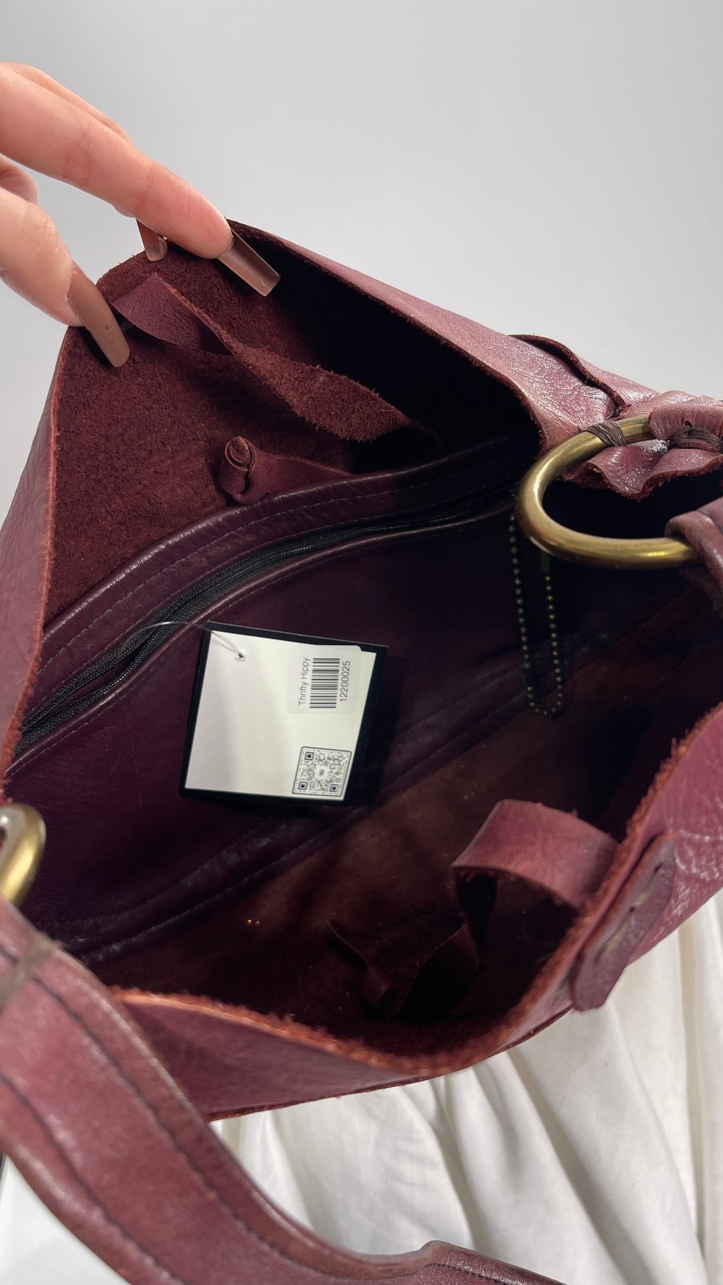 Vintage Burgundy Leather Saddle Bag with Gold Hardware