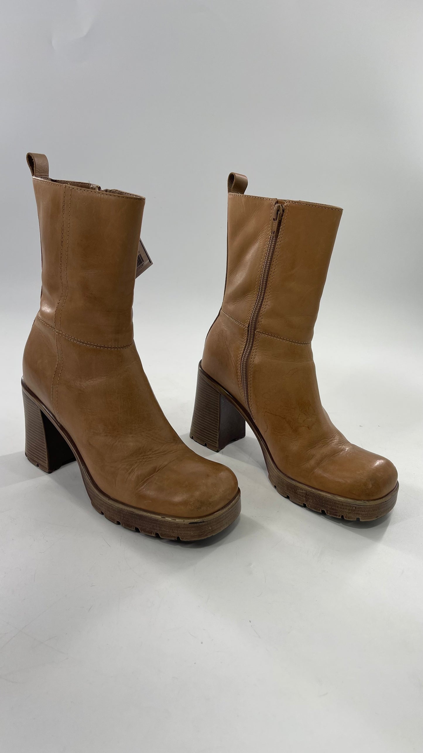 Vintage 90s Steve Madden Tan Leather Funky Square Toe Boot with Platform and Chunky Heel