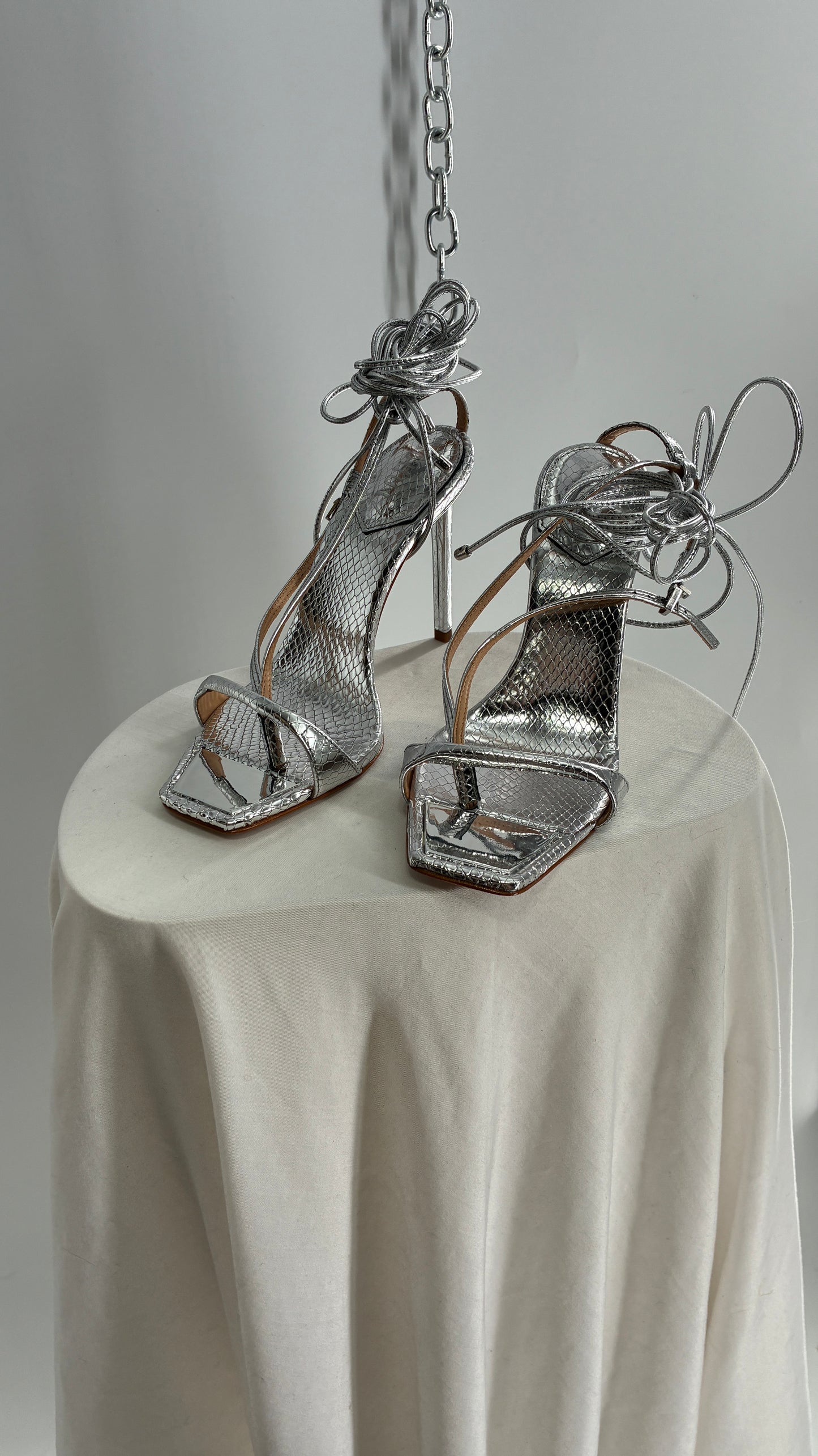 SCHÜTZ Silver Angular Tie Up Heels with Mirror Toe Detail (7)