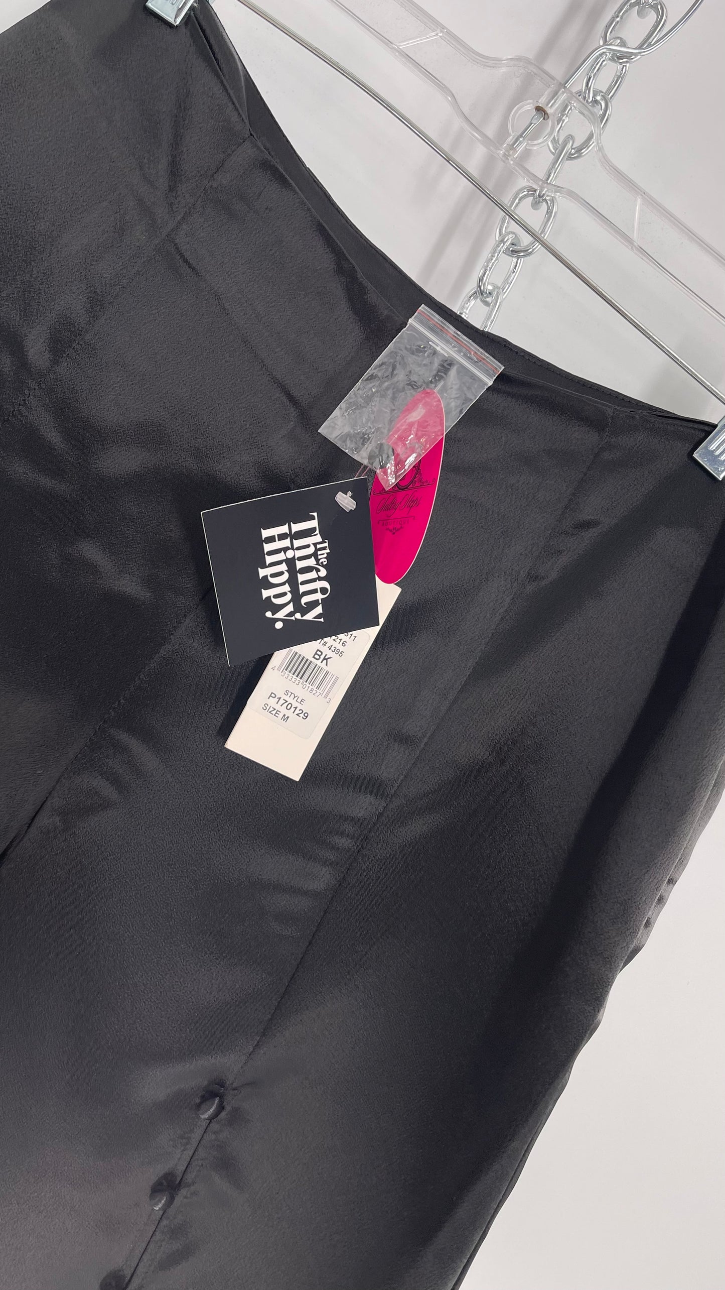 WHY Sultry Steps Black Satin Wide Leg Trouser with Vertical Strip of Satin Buttons (Medium)