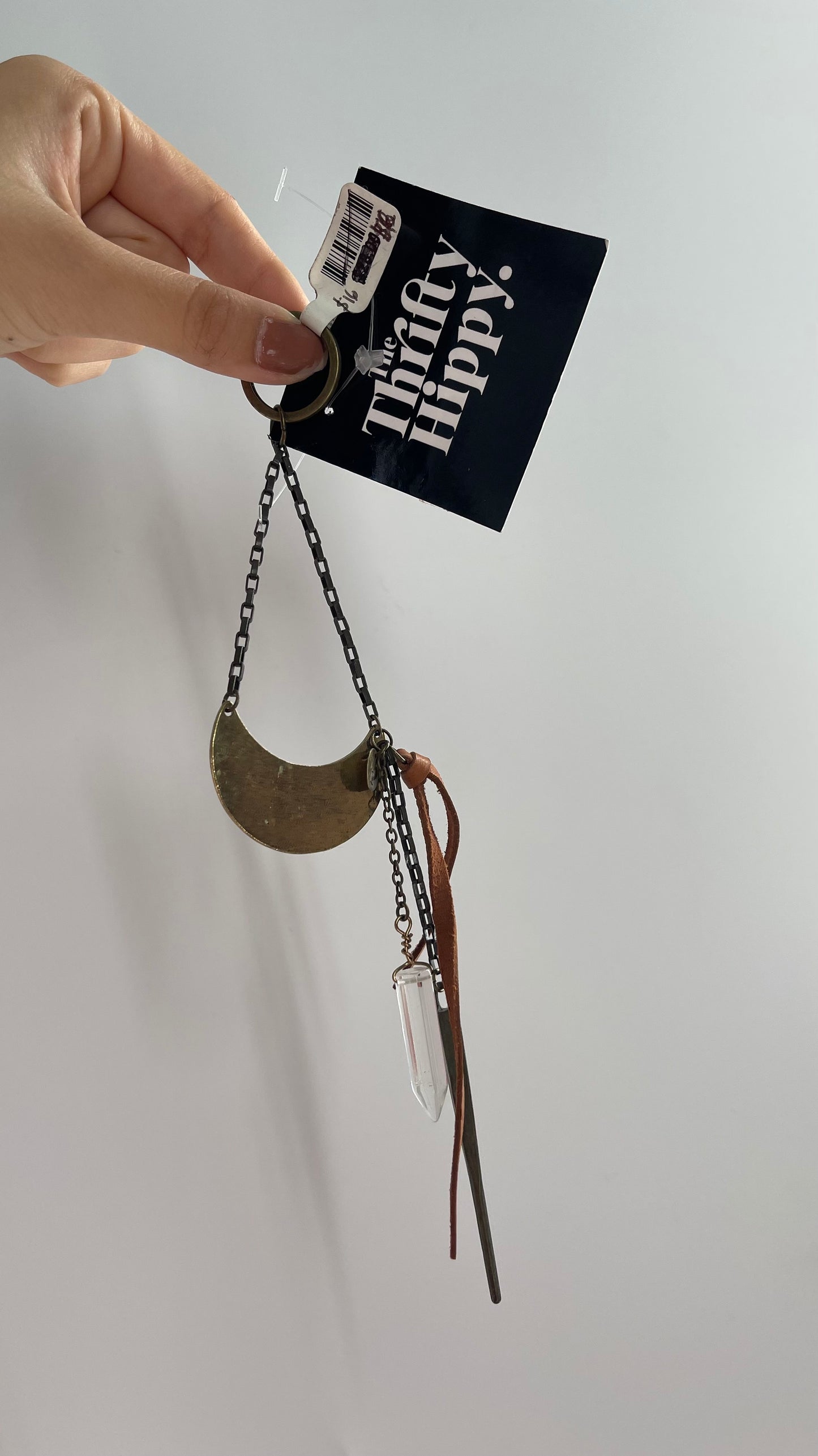 Free People Keychain with Bronze Half Moon, Crystal, and Vegan Leather Detail