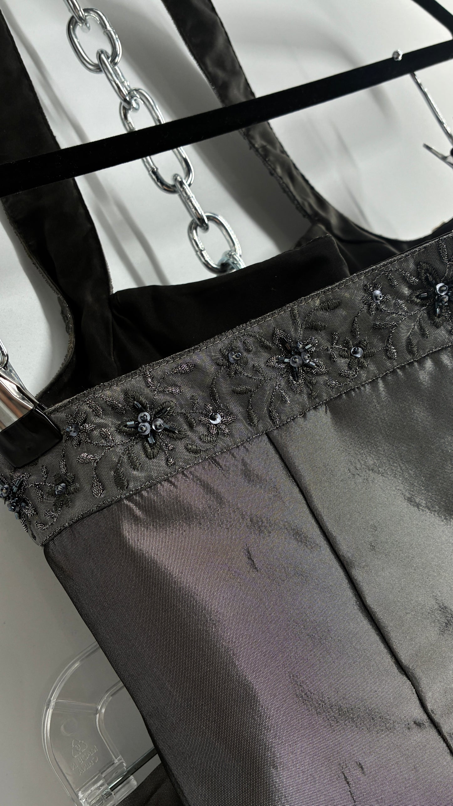Vintage 1990s Davids Bridal SET Metallic Silver Corseted + Beaded Halter and Full Length Skirt (6Top, 8Skirt)