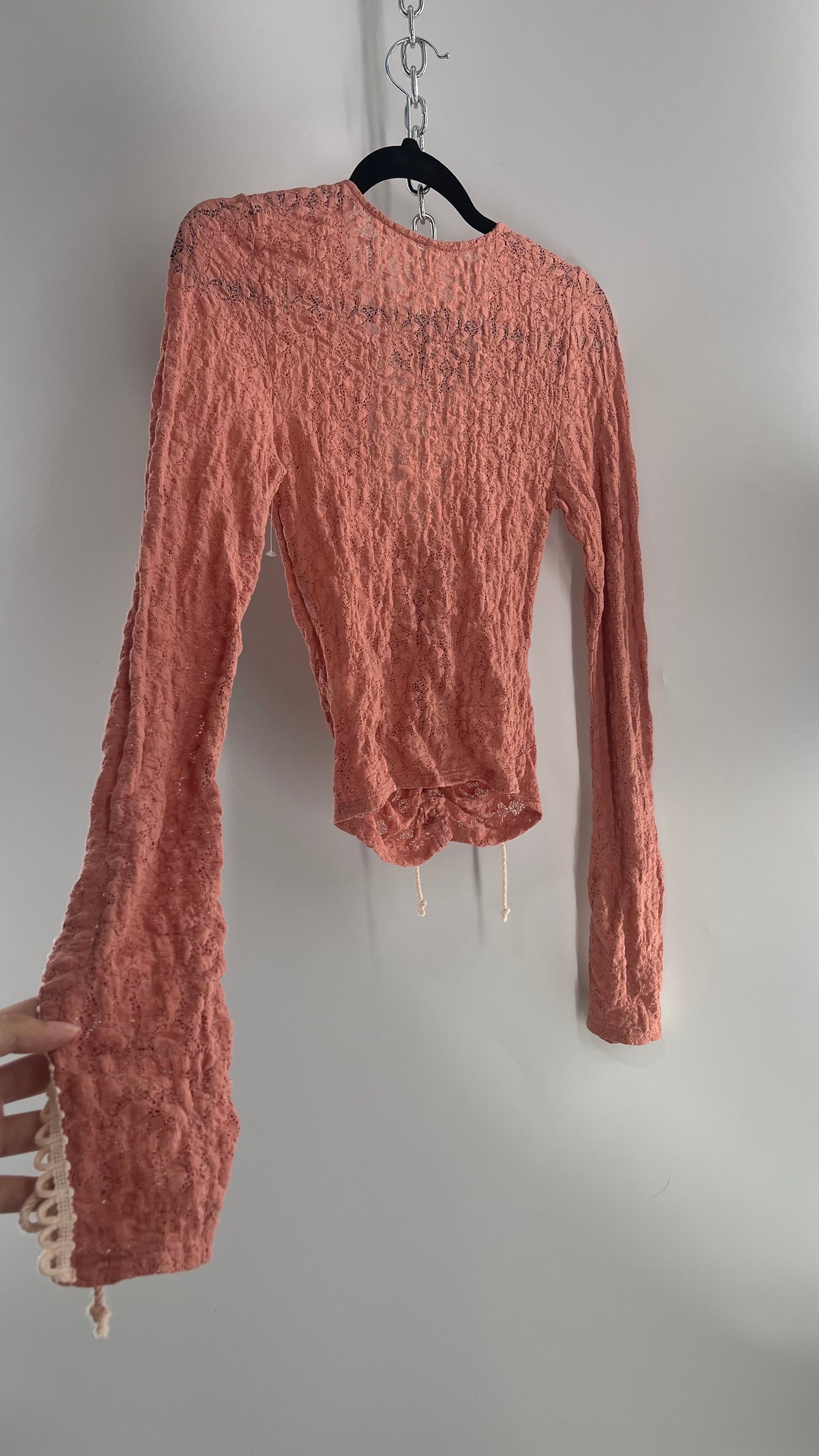 Free People Pink Lace Long Sleeve with Beige Lace Up Sleeve Detail (XS)