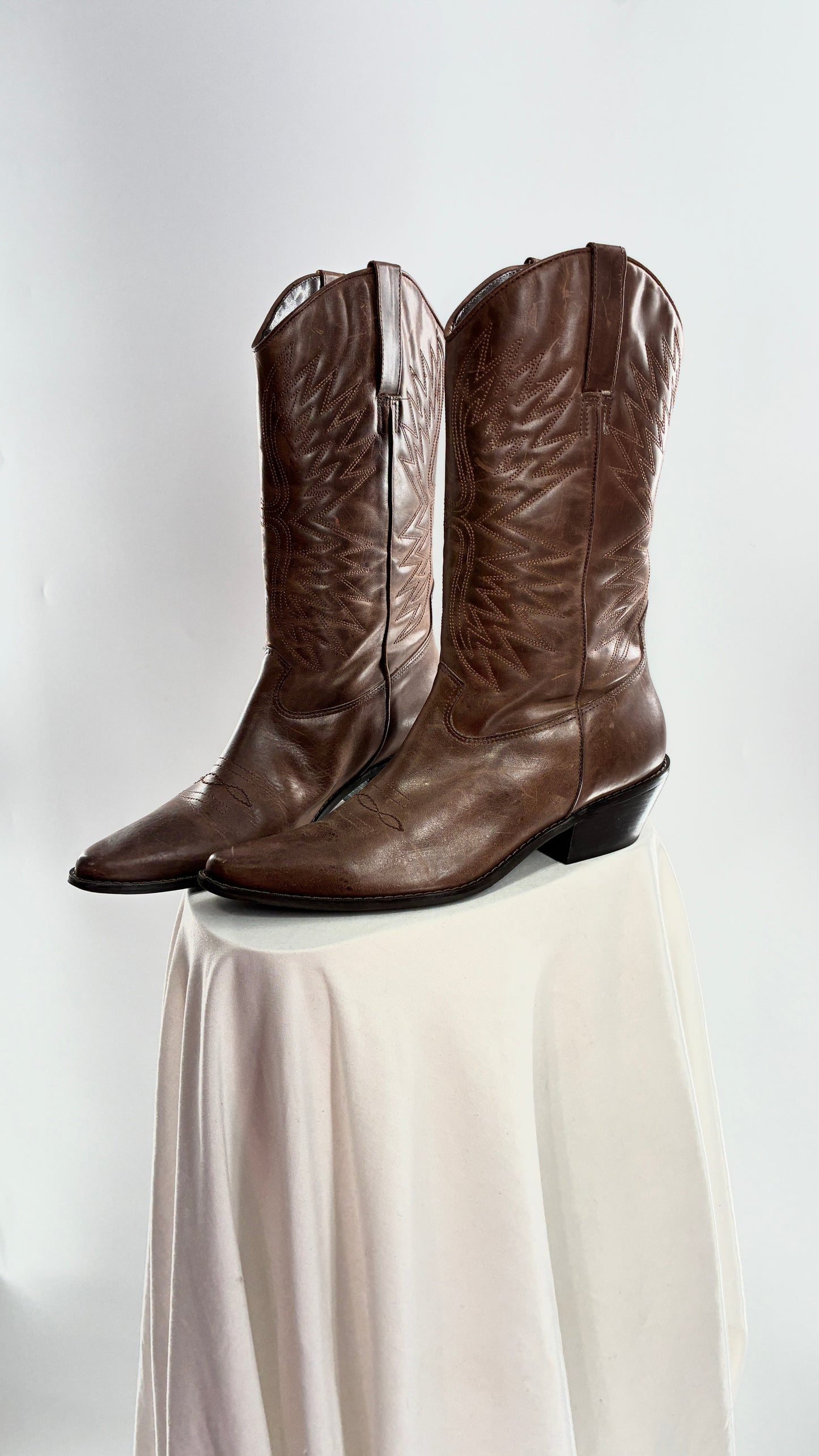 Vintage Genuine Leather Brown Cowboy Boots Made in Brazil (9.5)