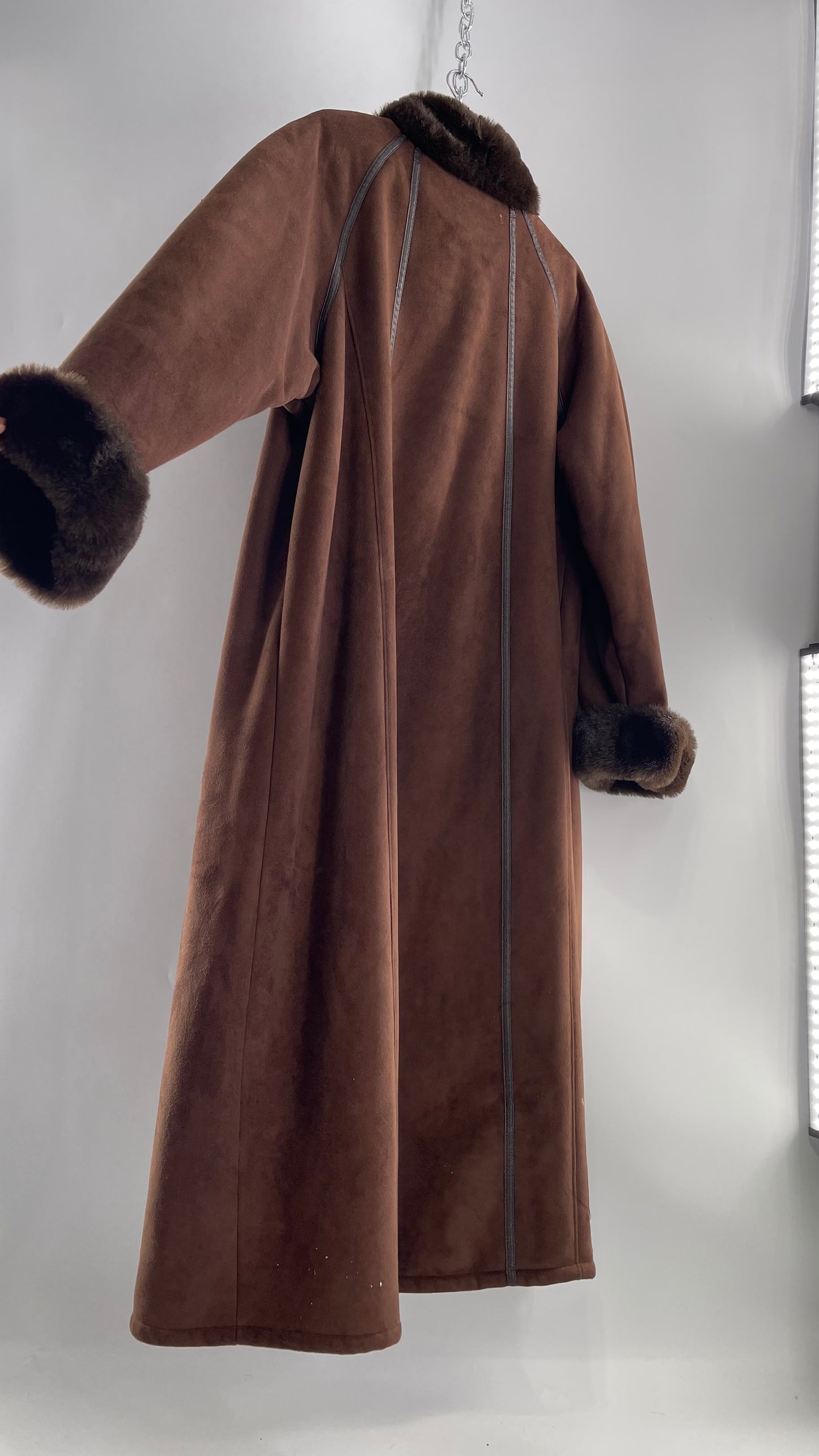 Vintage CG Collection Brown Coat with Faux Leather Piping and Faux Fur Cuffs and Collar (C)(XL)