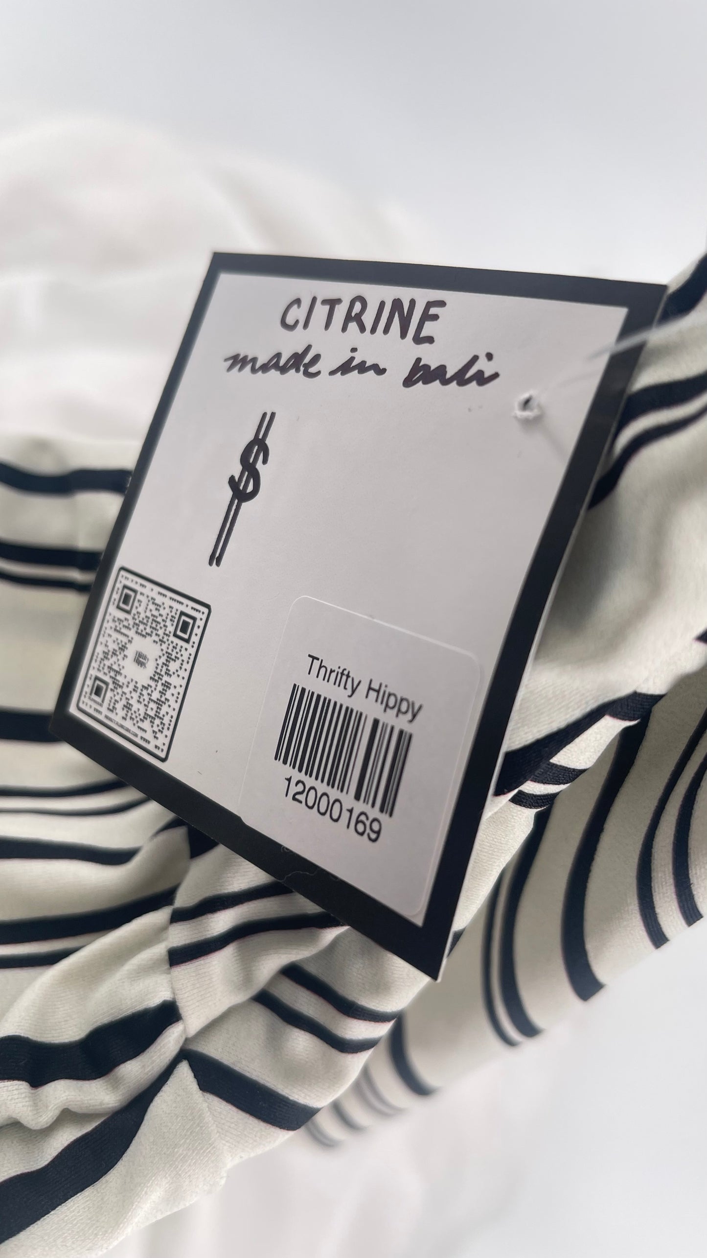 Anthropologie Citrine Made in Bali White/Black Striped Bandeau Swim Top with Ruffle (Small)
