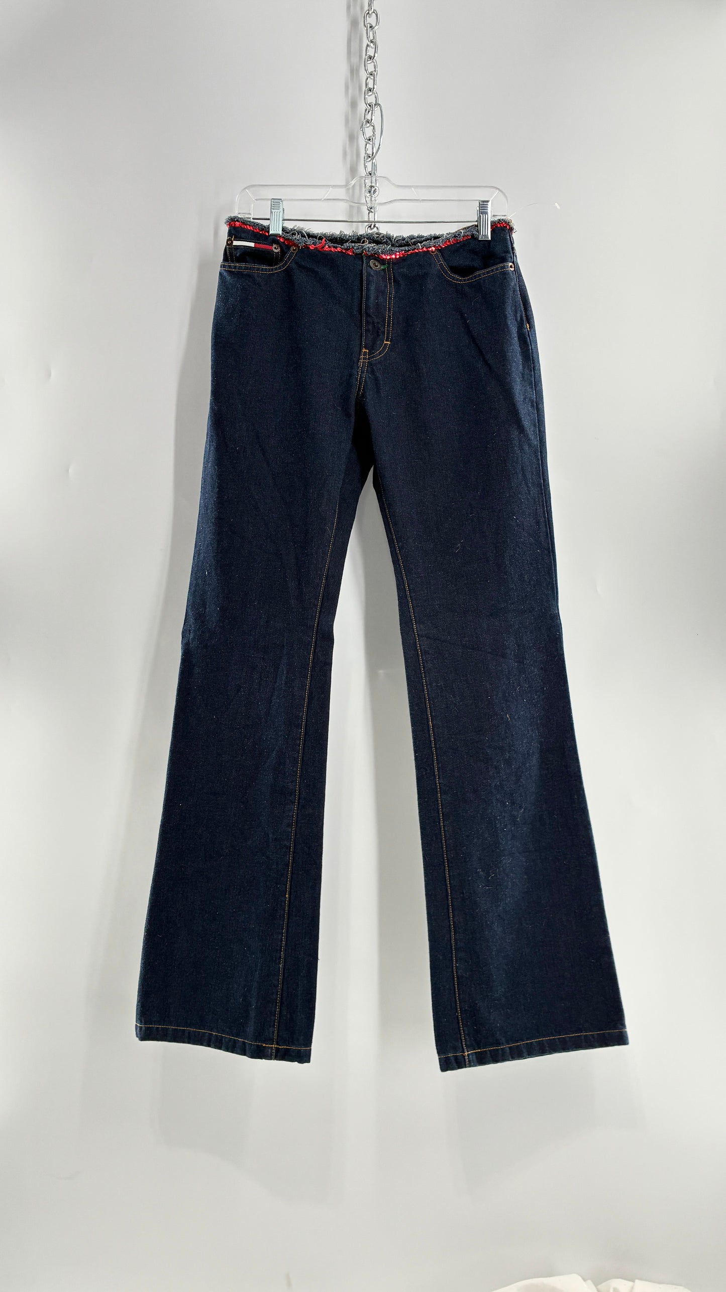 Vintage Tommy Hilfiger Low Rise Jeans with Frayed Waist Lined in Red Sequins (7)