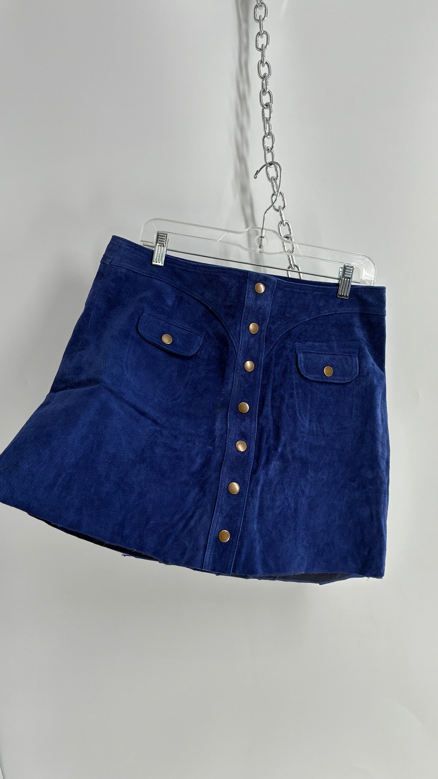 Anthropologie Royal Blue Suede Leather Button Front Skirt with Pocket Details and Vintage Stitching (12P)