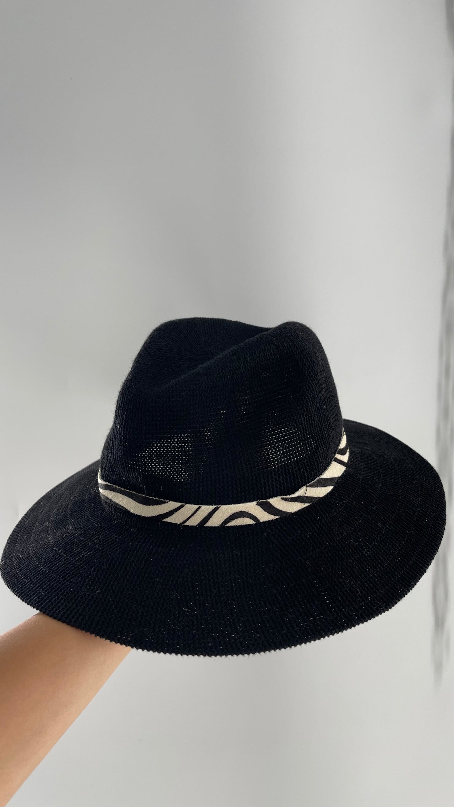 Free People Black 55% Cotton Woven Sun Hat with Textured Fur Belt