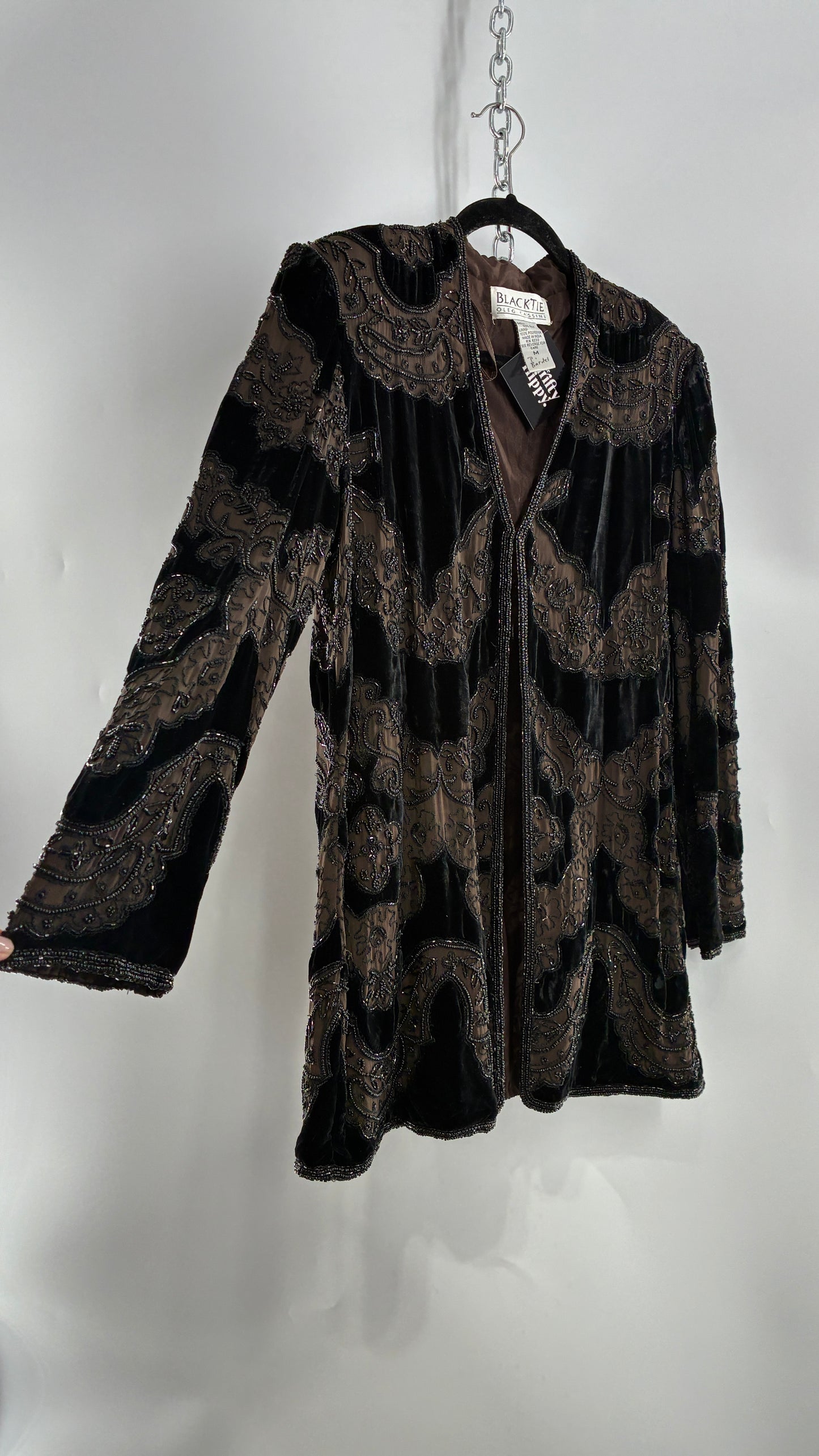 Vintage OLEG CASINI 100% Silk Velour Heavily Beaded Coat (Medium)