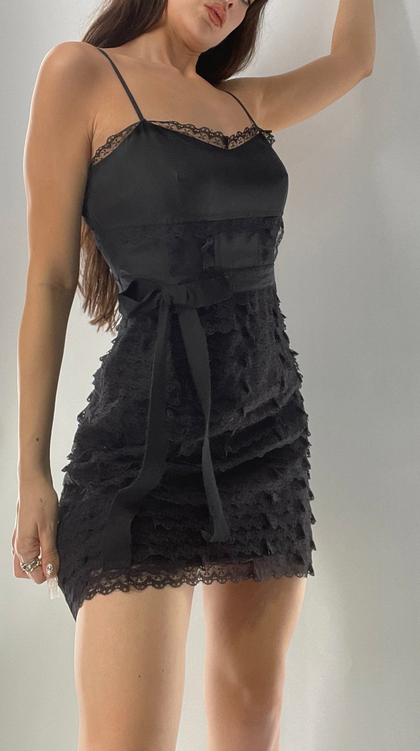 RED VALENTINO Black Corseted Style Ruffle Lace Hem Skirt Mini Dress
