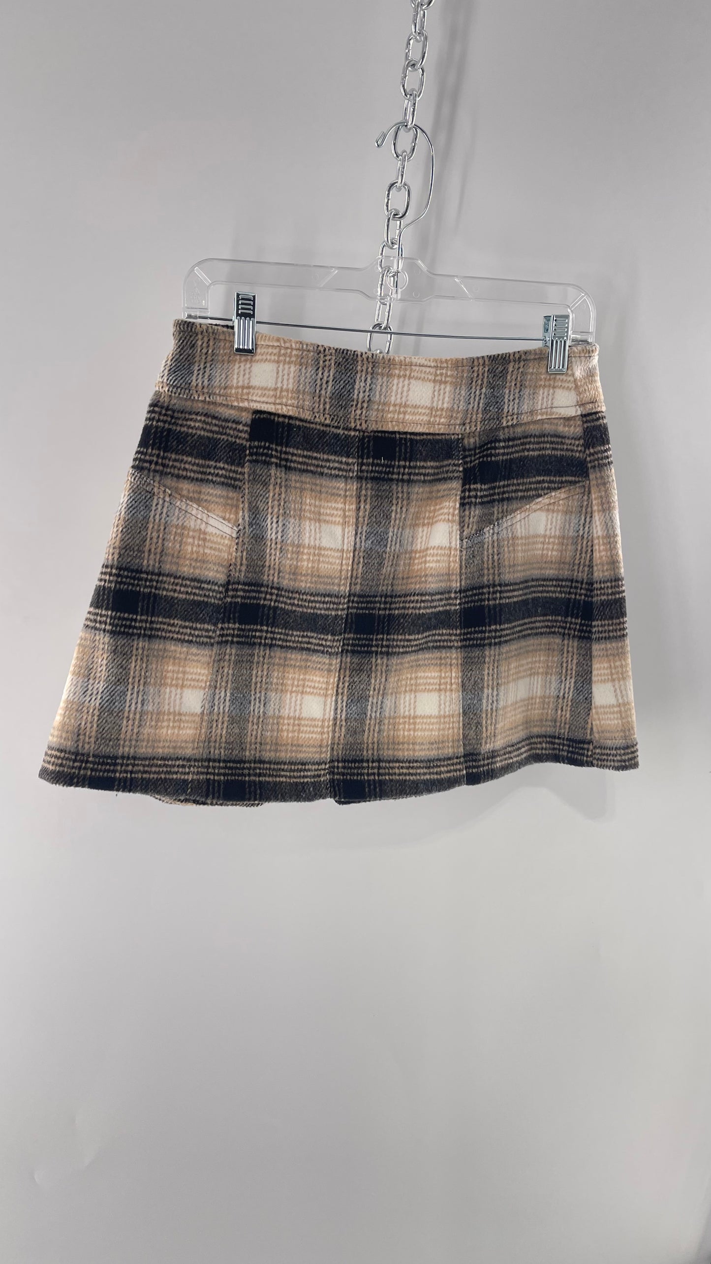 Free People Plaid Beige Gray Soft Mini Skirt with Side Slit and Built in Grommet Belt