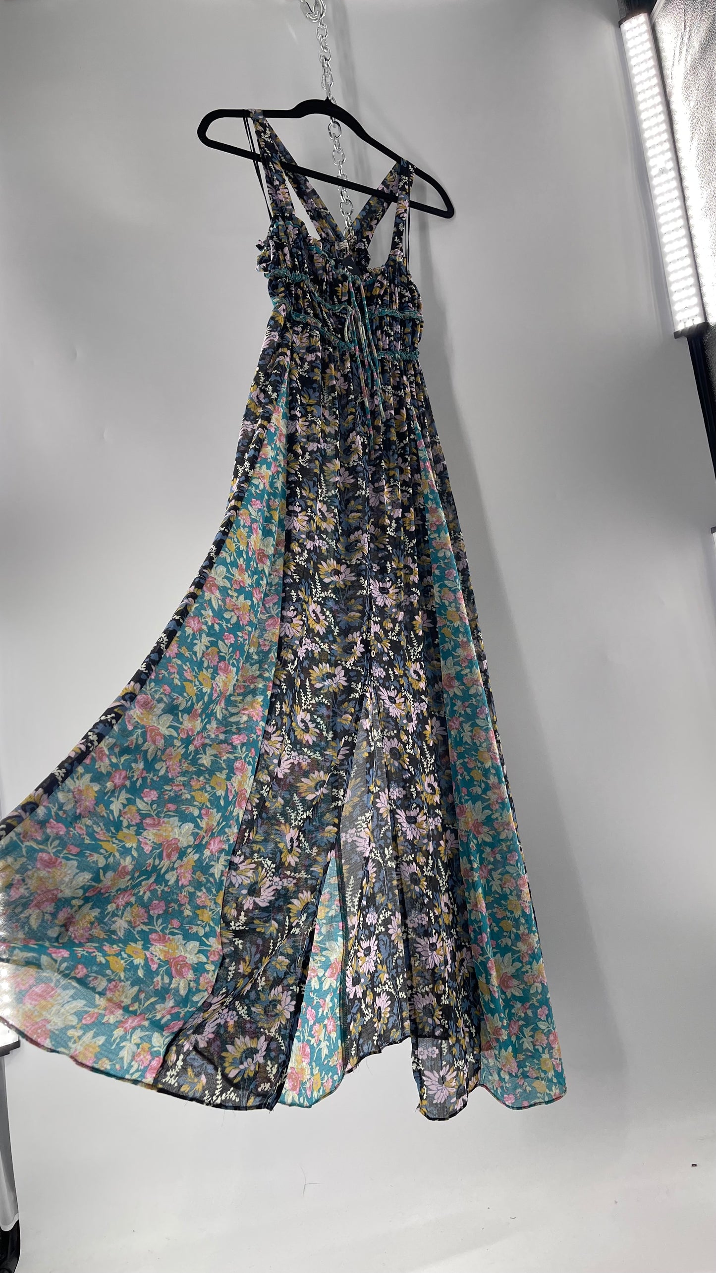 Intimately Free People Black and Teal Mixed Pattern Floral Maxi Dress with Tags Attached (XS)
