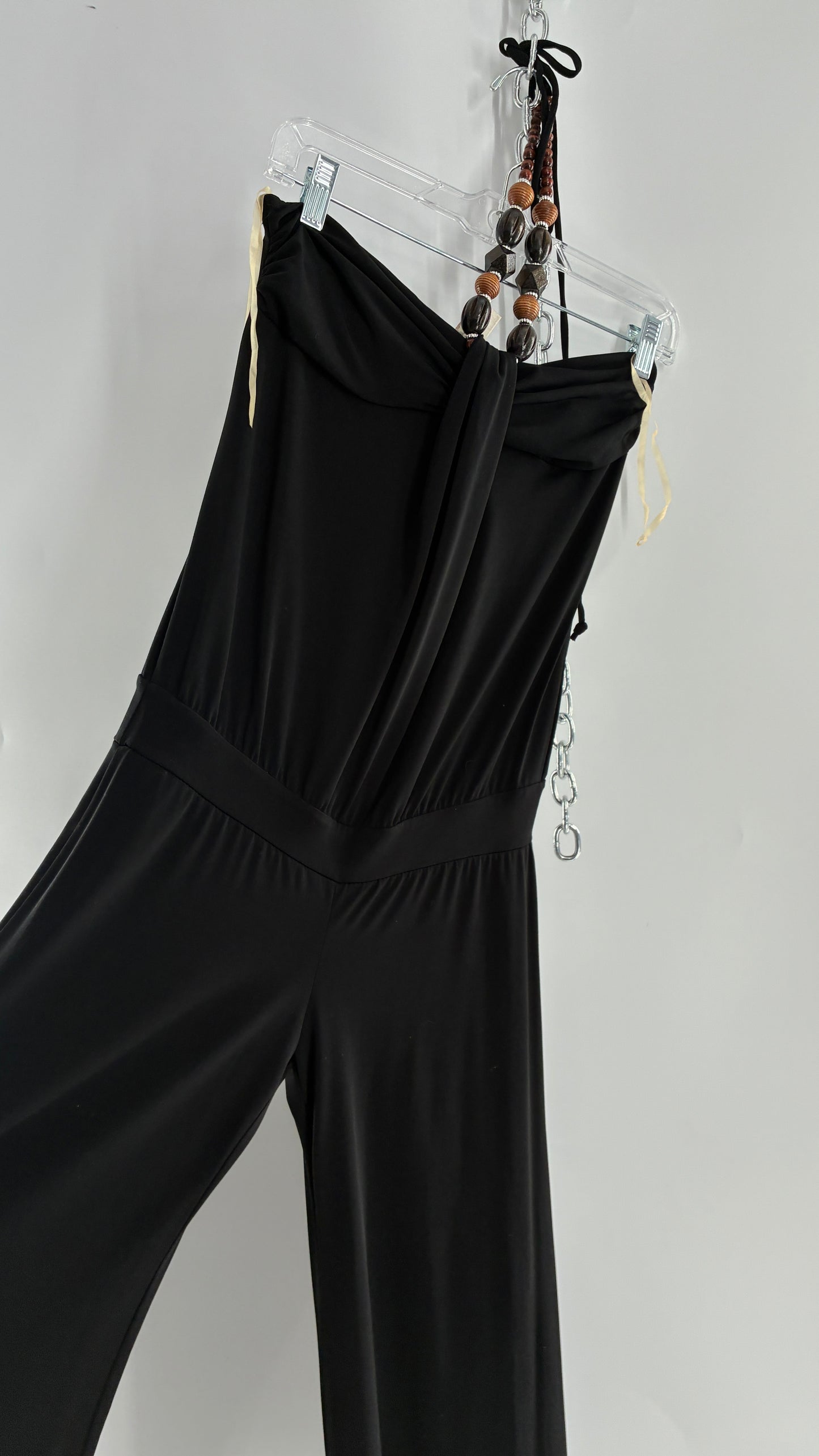 Vintage L8ter 1990s Black Drop Waist Wide Leg Jumpsuit with Beaded Choker Halter (Small)