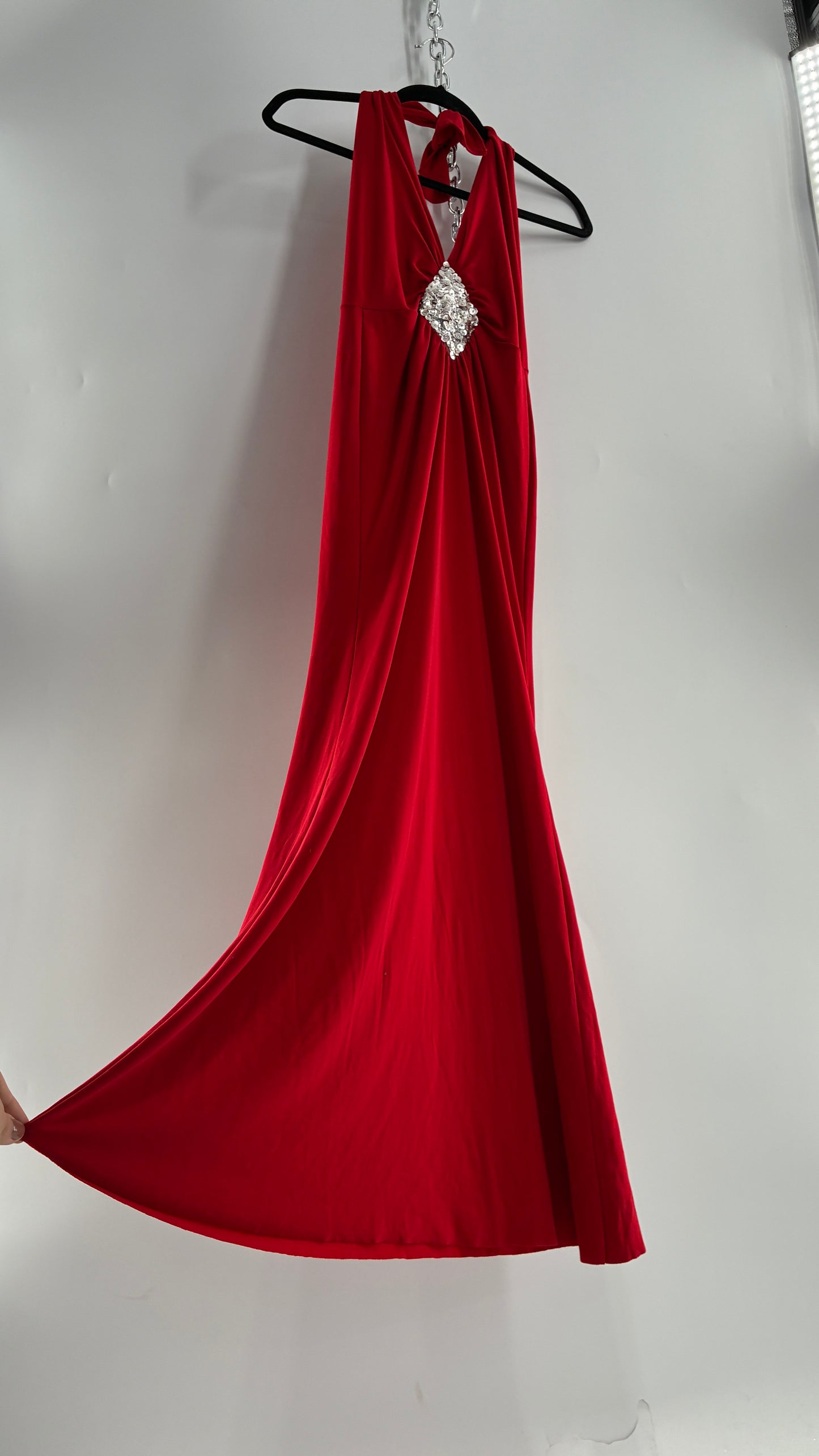 Vintage SYMPHONY Lycra Red Halter Full Length Dress with Sequin Bust Detail (Small)