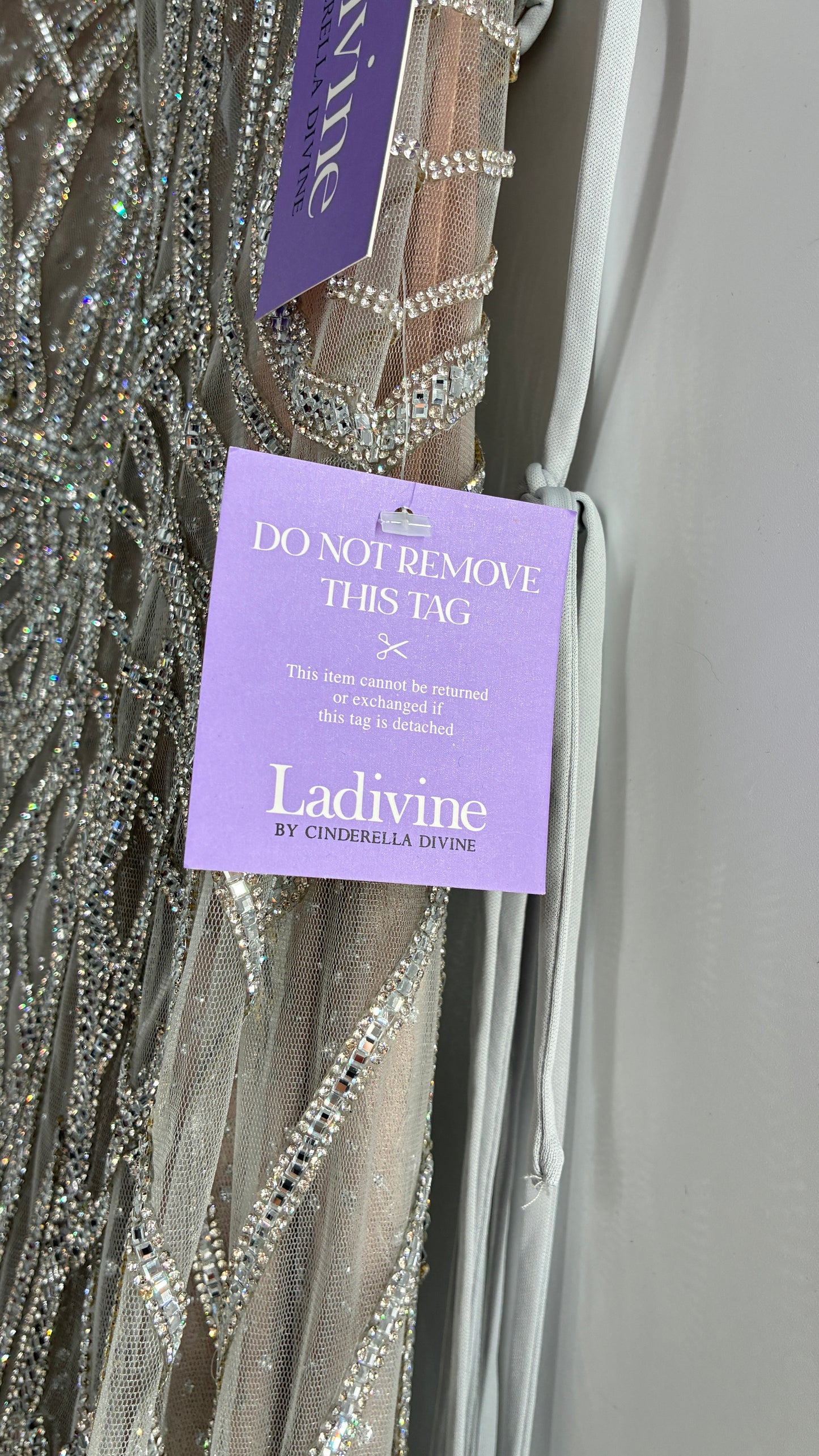 NWT LADIVINE by Cinderella Divine Silver Nude CC6018 Mermaid Corseted Gown with Multiple Layers of Tulle, Covered in Crystal Strips (16)