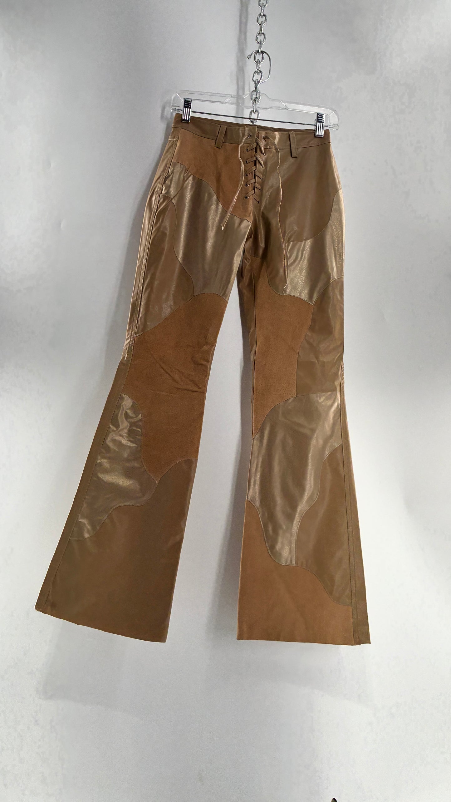 Vintage OUTER EDGE Patchwork Vegan Leather Kickflares with Tie Up Waistline (3)