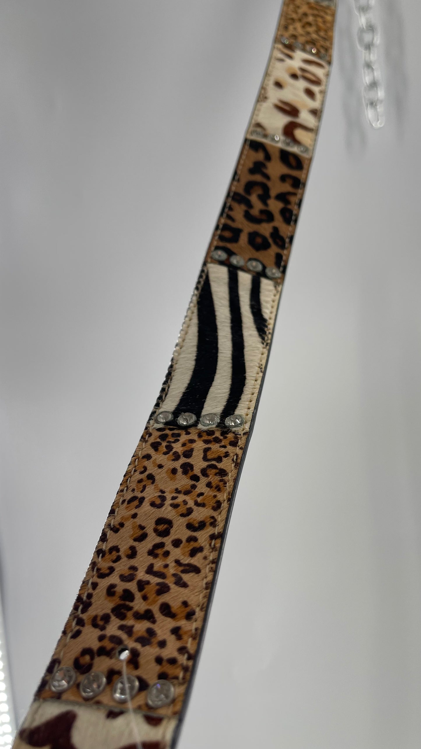 Vintage Pony Fur Animal Print Patchwork Belt with Rhinestone Buckle and Embellishments (Medium)