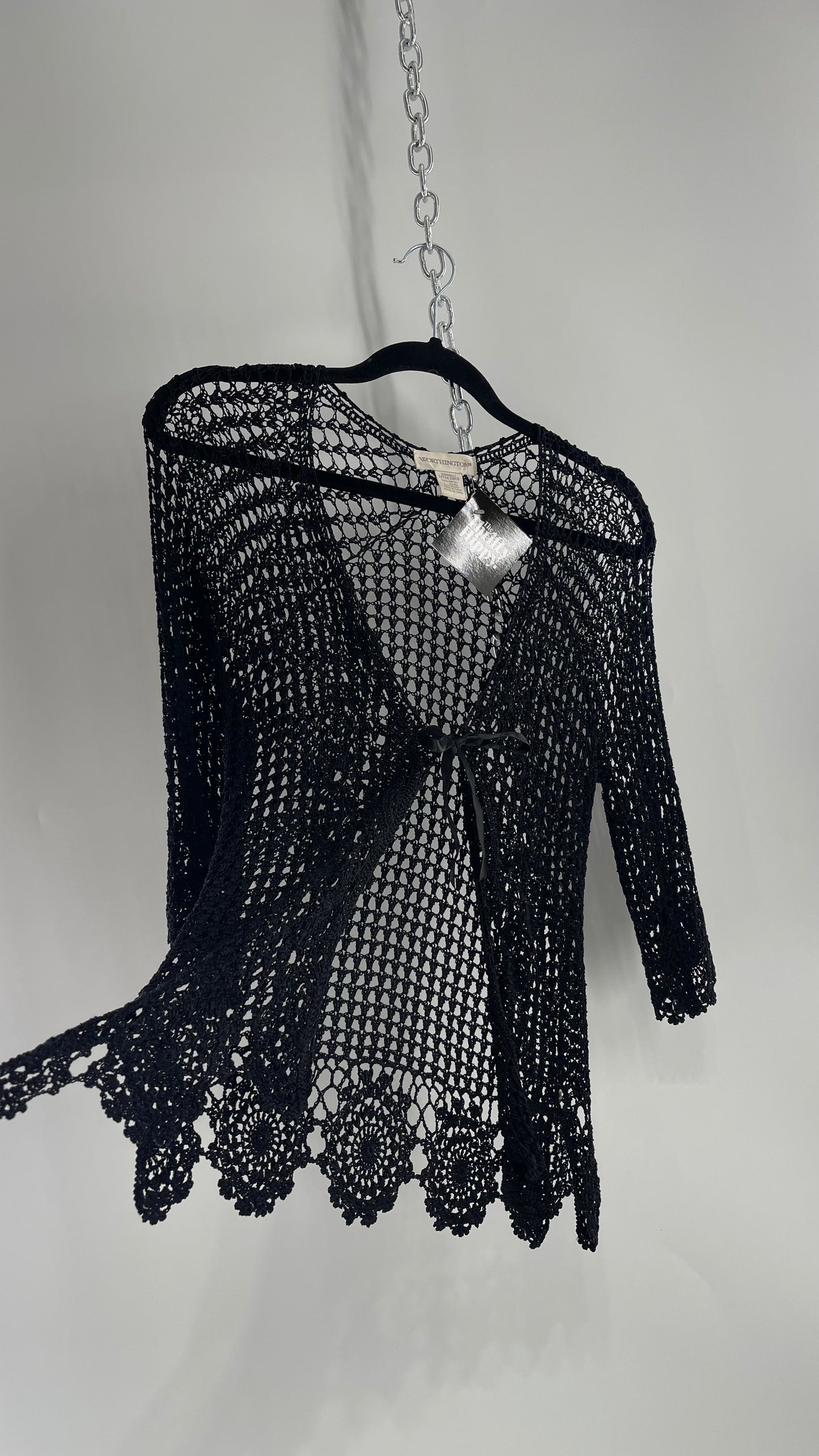 Vintage Black Crochet Slinky Top with Ribbon Bust Tie (XS)