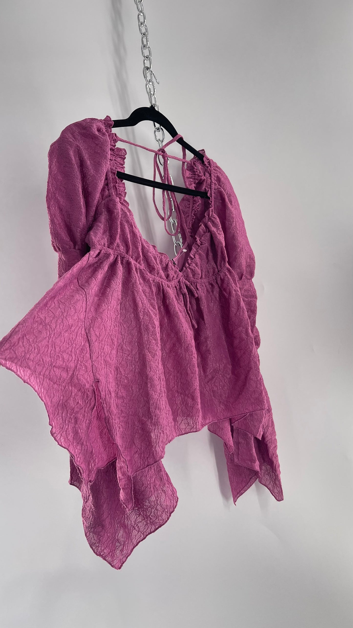 Urban Outfitters Purple Lace Blouse with Handkerchief Slit Hem, Princess Fairy Sleeves, Ruffle Trim Bust and Low Back (Large)