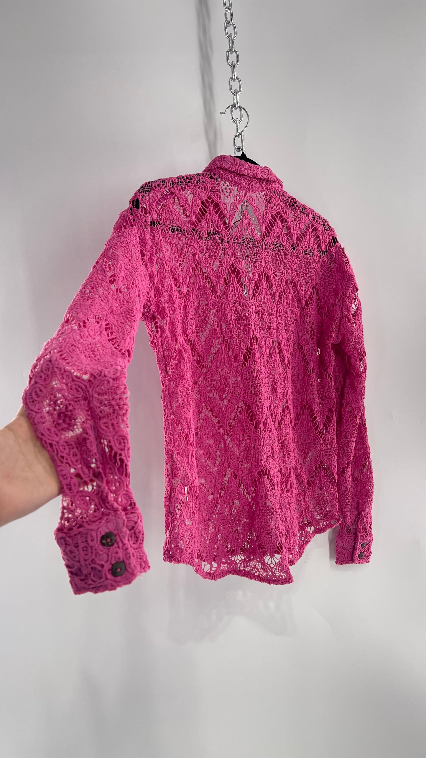 Free People Until Sunday Fuchsia Purple/ Pink Thick Lace Button Front Blouse with Coconut Buttons (XS)