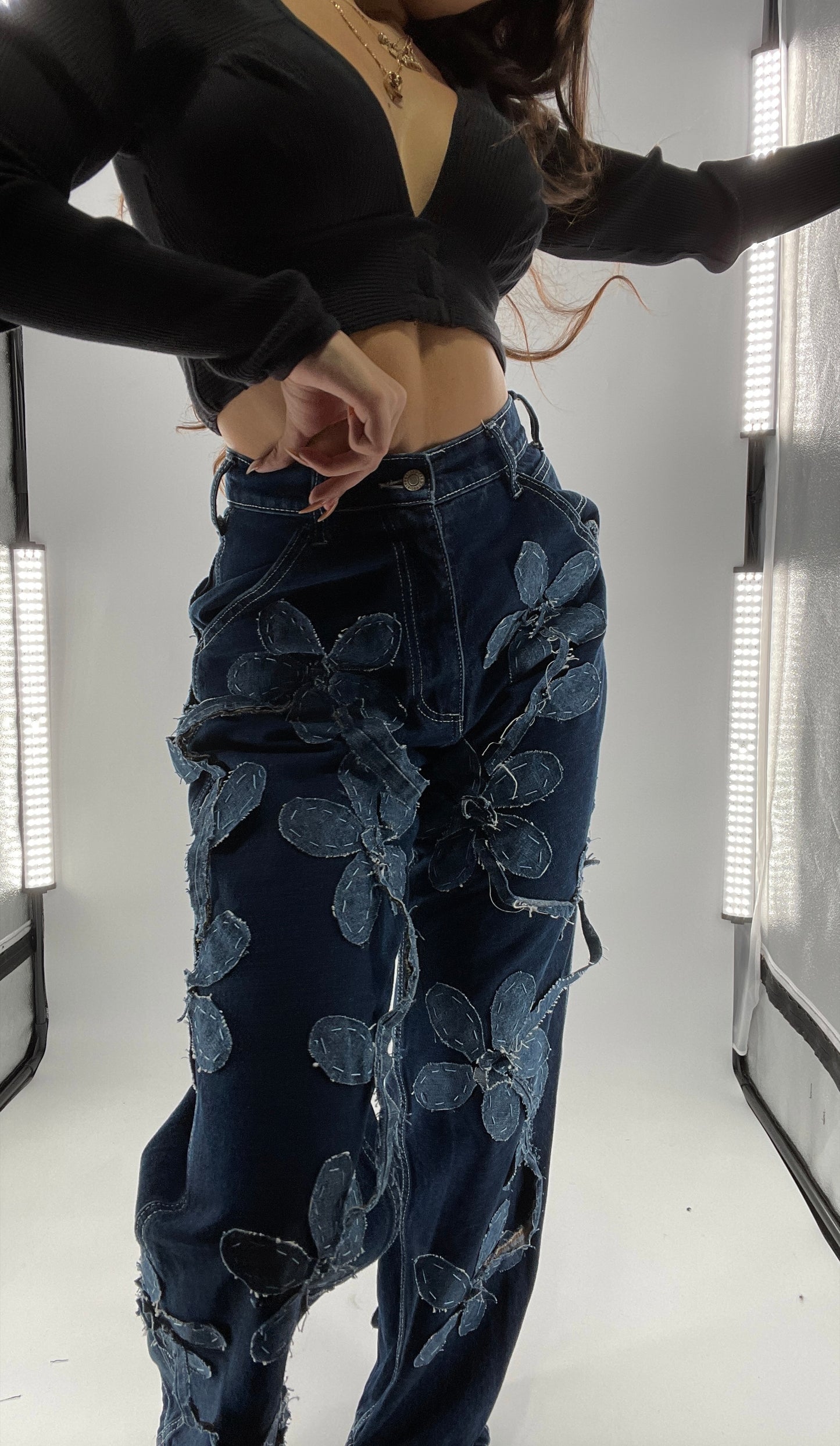 Handmade CUSTOM Dual Denim Tone Floral Vine Cargo Denims (S)