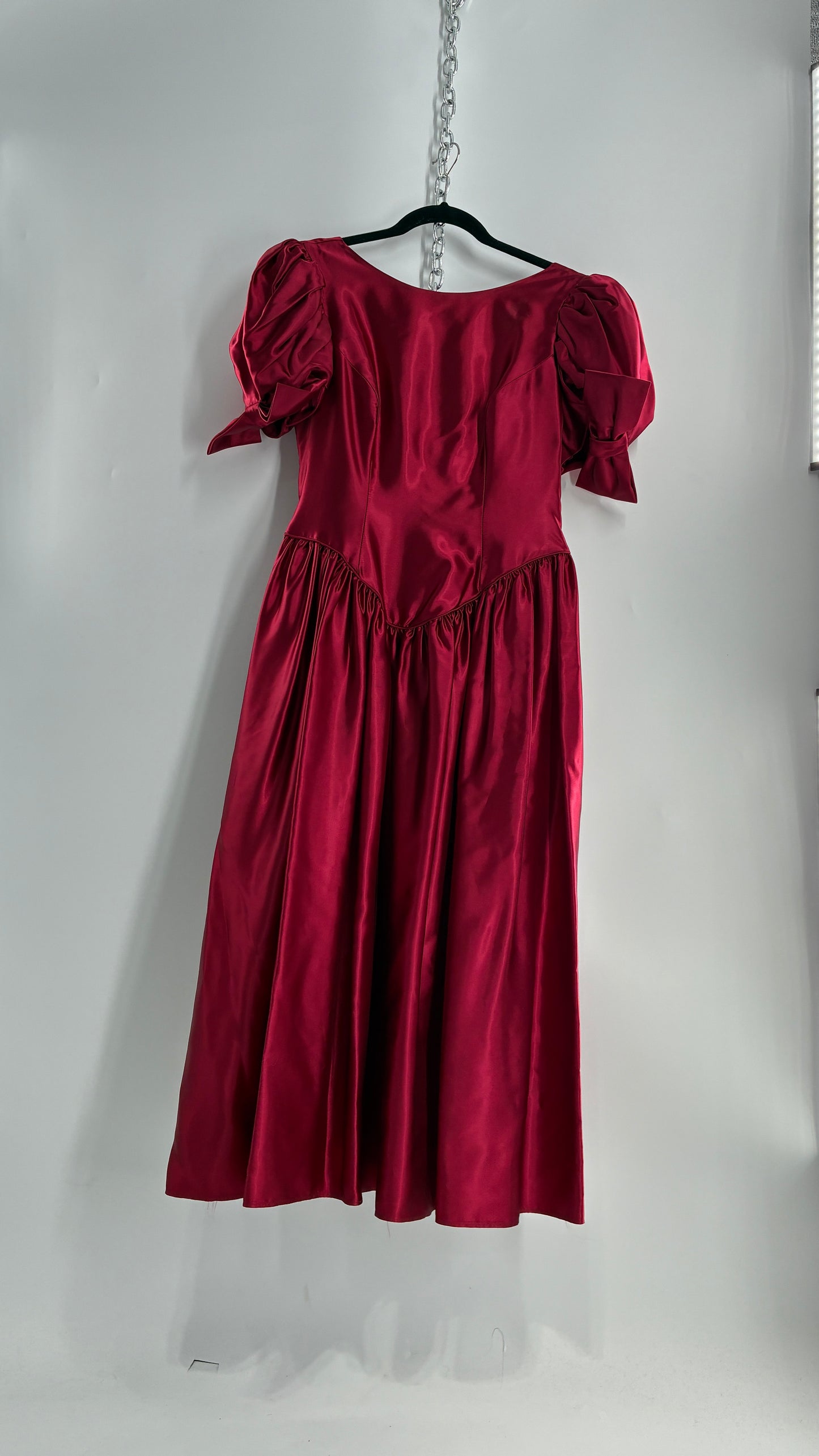 Vintage Red Silky Satin Corset Style Dress with Sweetheart Neckline, Puff Sleeves, Oversized Bow Bum, Open Back and Draping Pearls (10P)