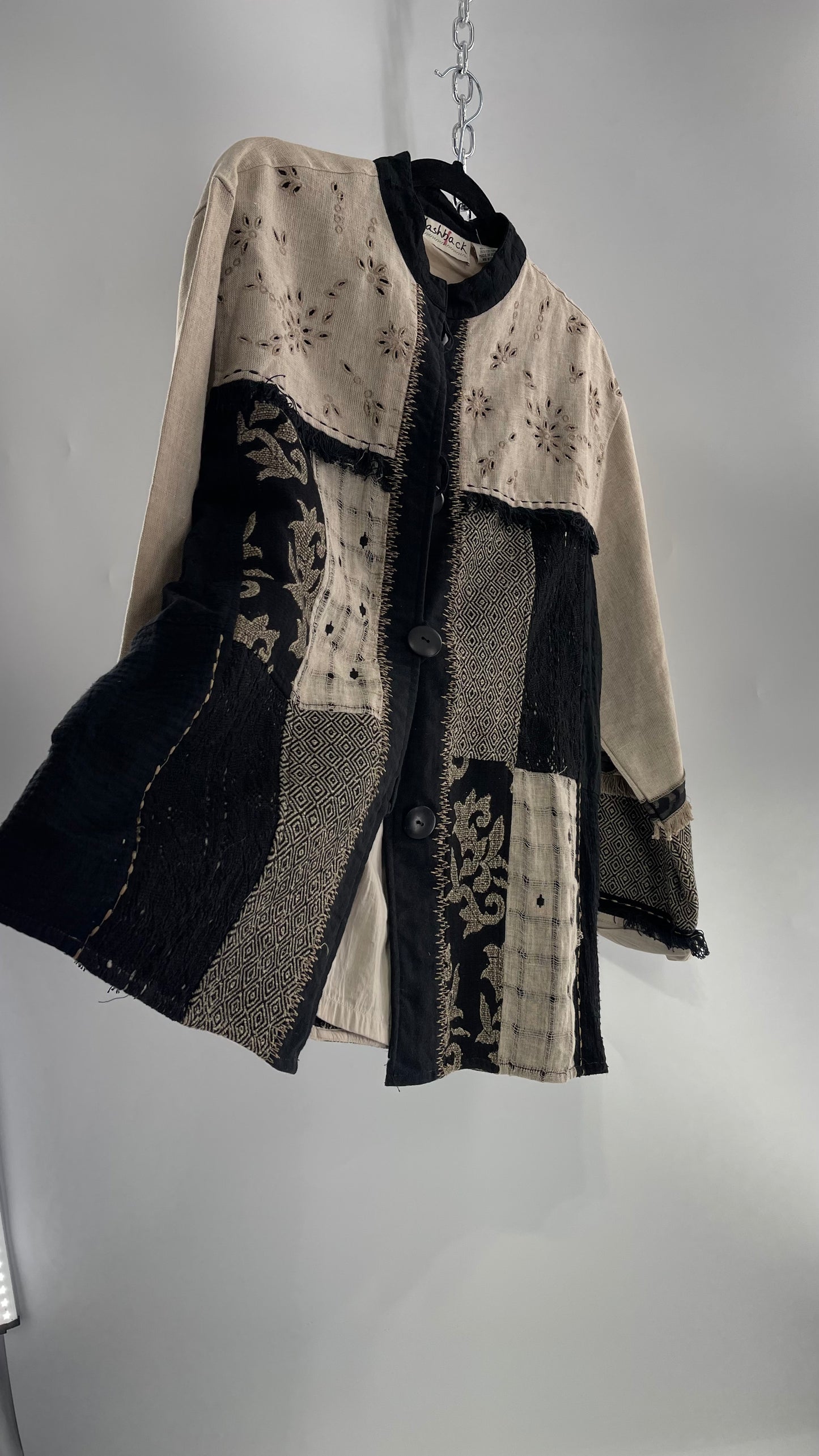 Deadstock Vintage Flashback Patchwork Coat with Mixed Neutral Fabrics, Embroidery and Fringe Details (Large)