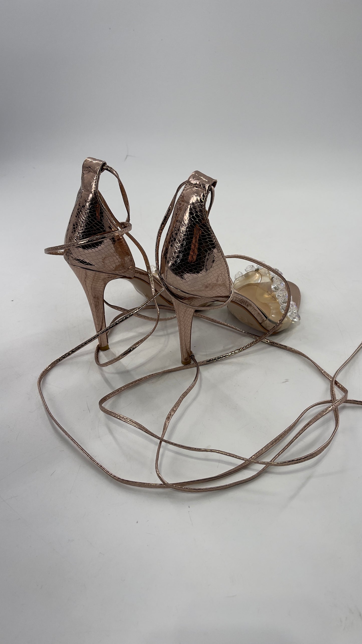 SIMMI LONDON Rose Gold Textured Heels with Clear Toe Strap Covered in Rhinestones/ Crystal Pendants and Tie Up Ankle Straps (7)