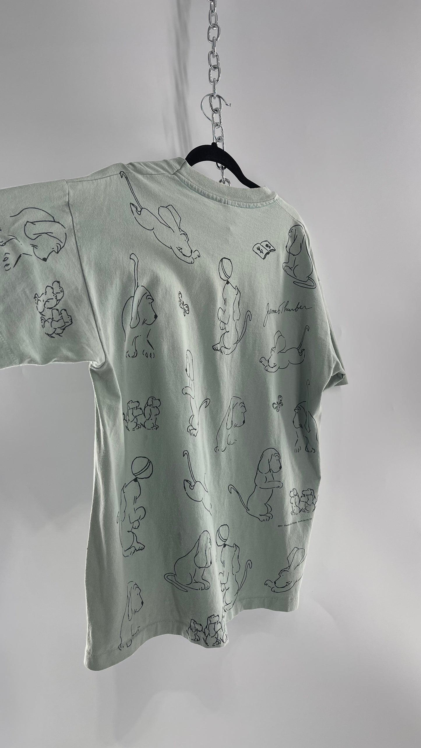Vintage James Thurber Light Sage Nostalgic Puppy Doodle Comic Sketch T Shirt (XL)