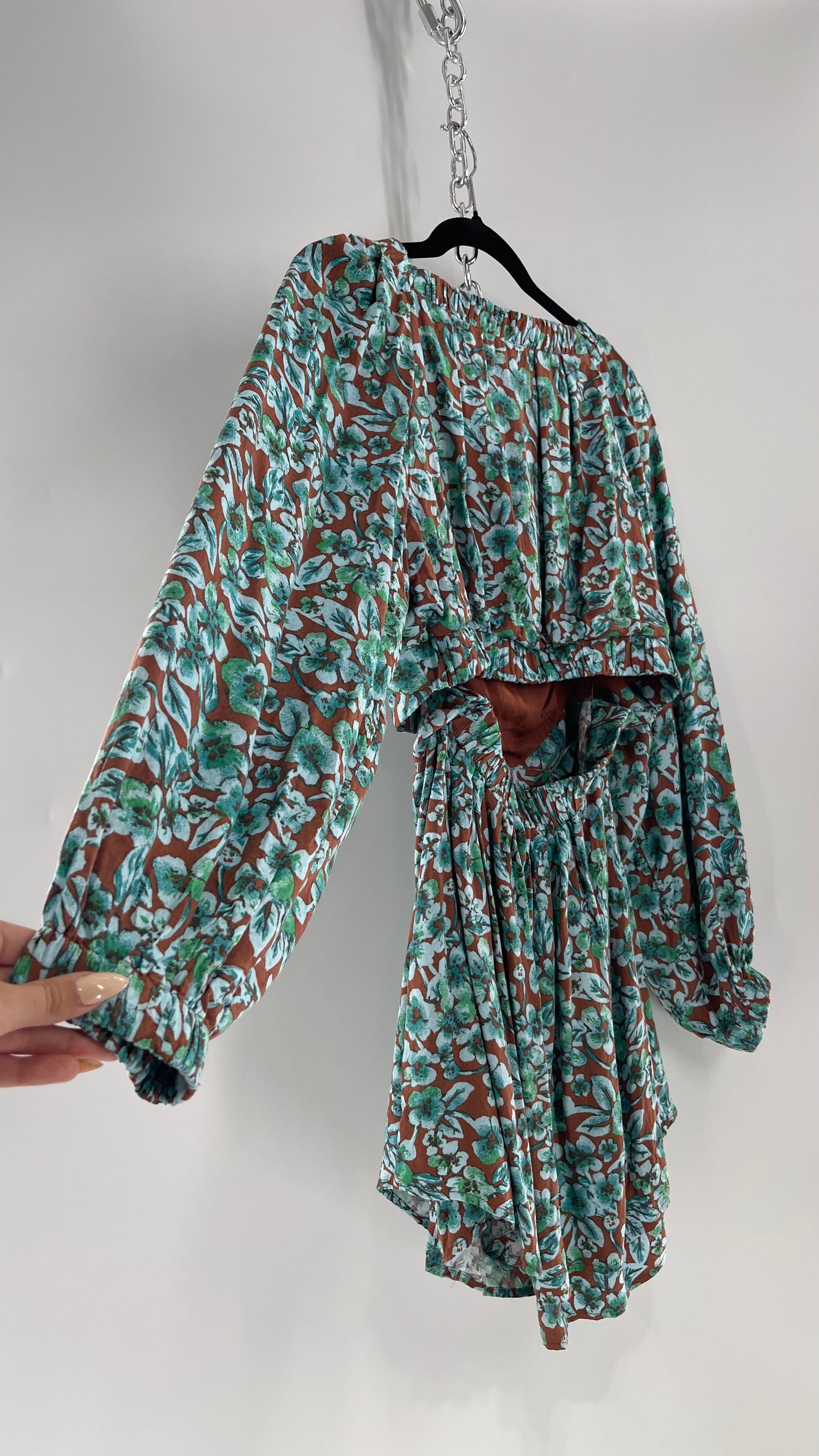Free People Brown Cut Out Milkmaid Mini with Blue Florals (Medium)