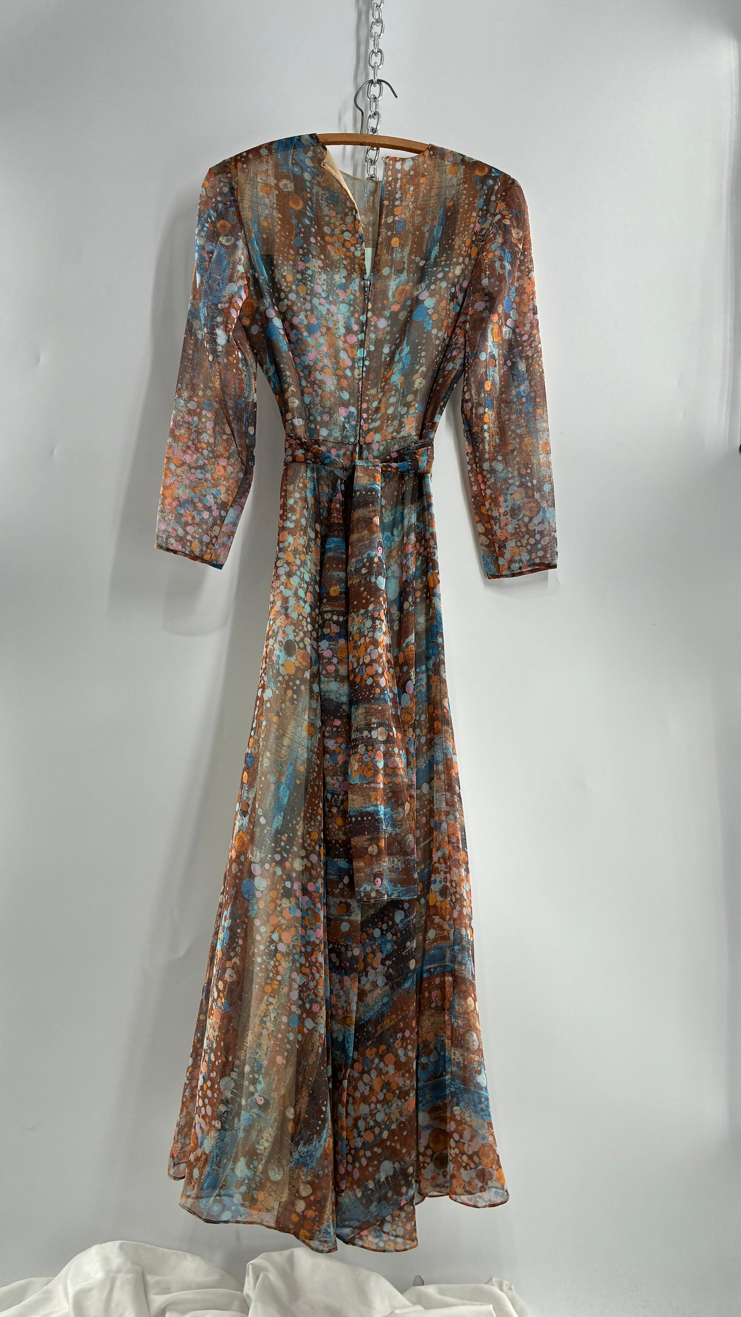 Vintage 1970s HELEN BASS Brown, Orange, Blue Voluminous Maxi Dress (S)