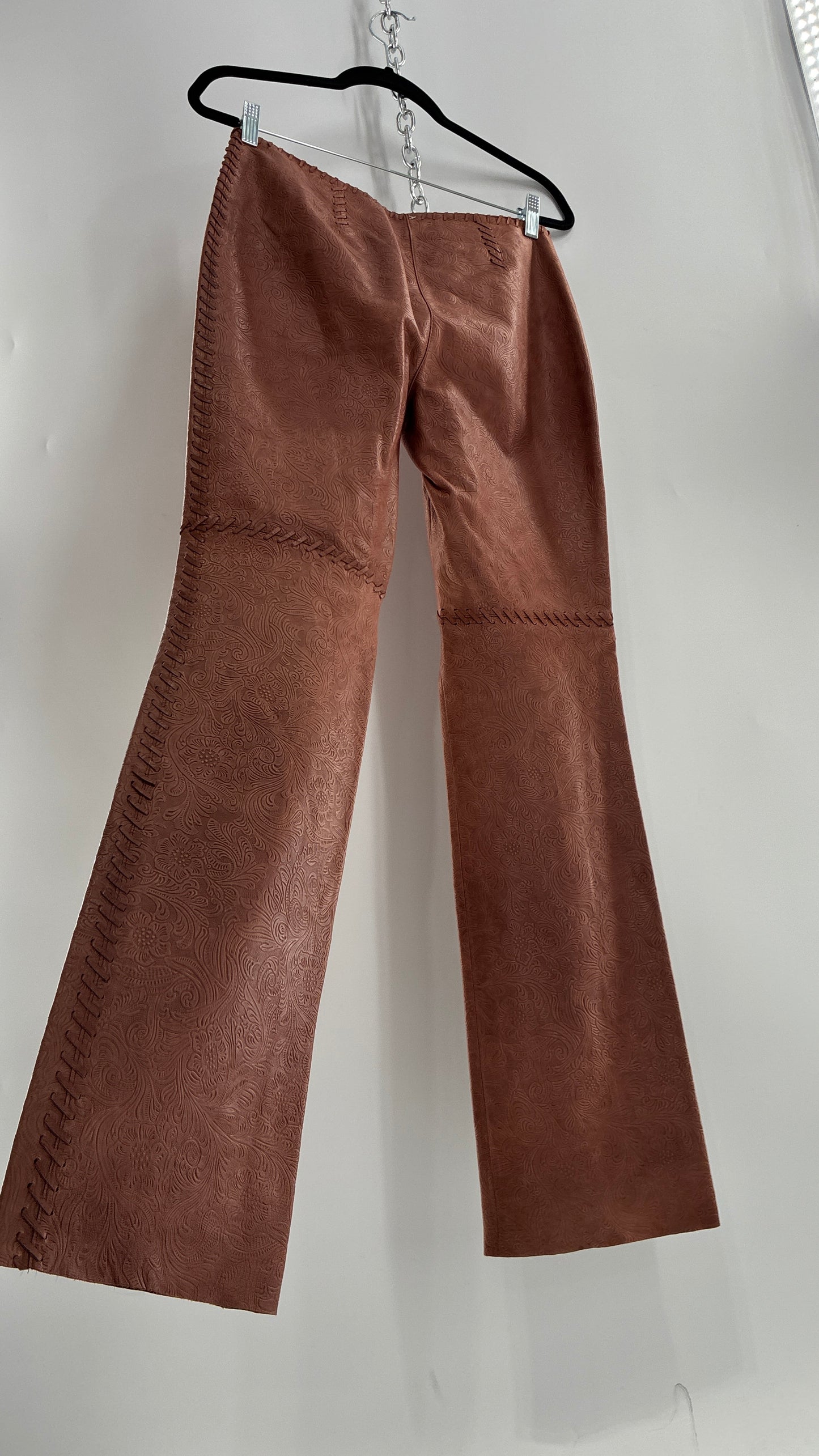Vintage Embossed Paisley Patterned Genuine Leather Pants with Stitching Details (No Label Unbranded, S)