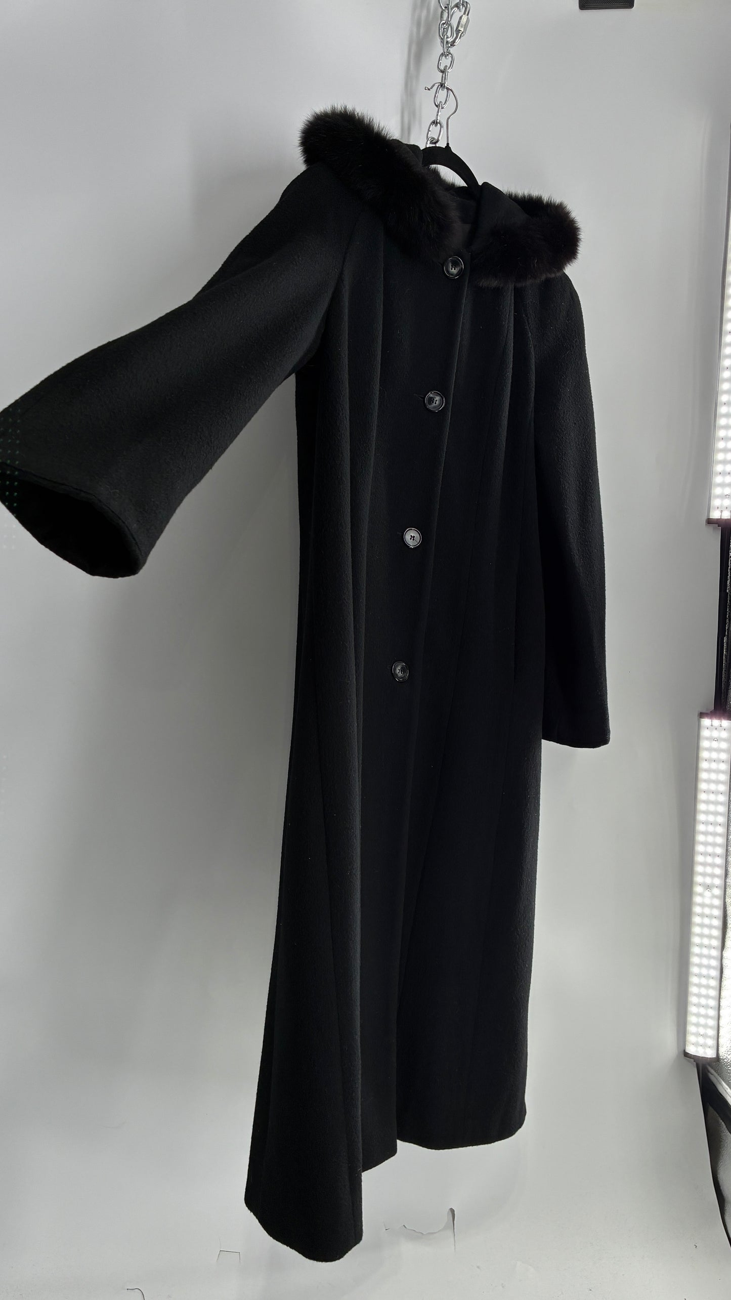 Vintage ANDREA COLLECTION Black Wool Blend Full Length Coat with Fur Trim Hood (12)