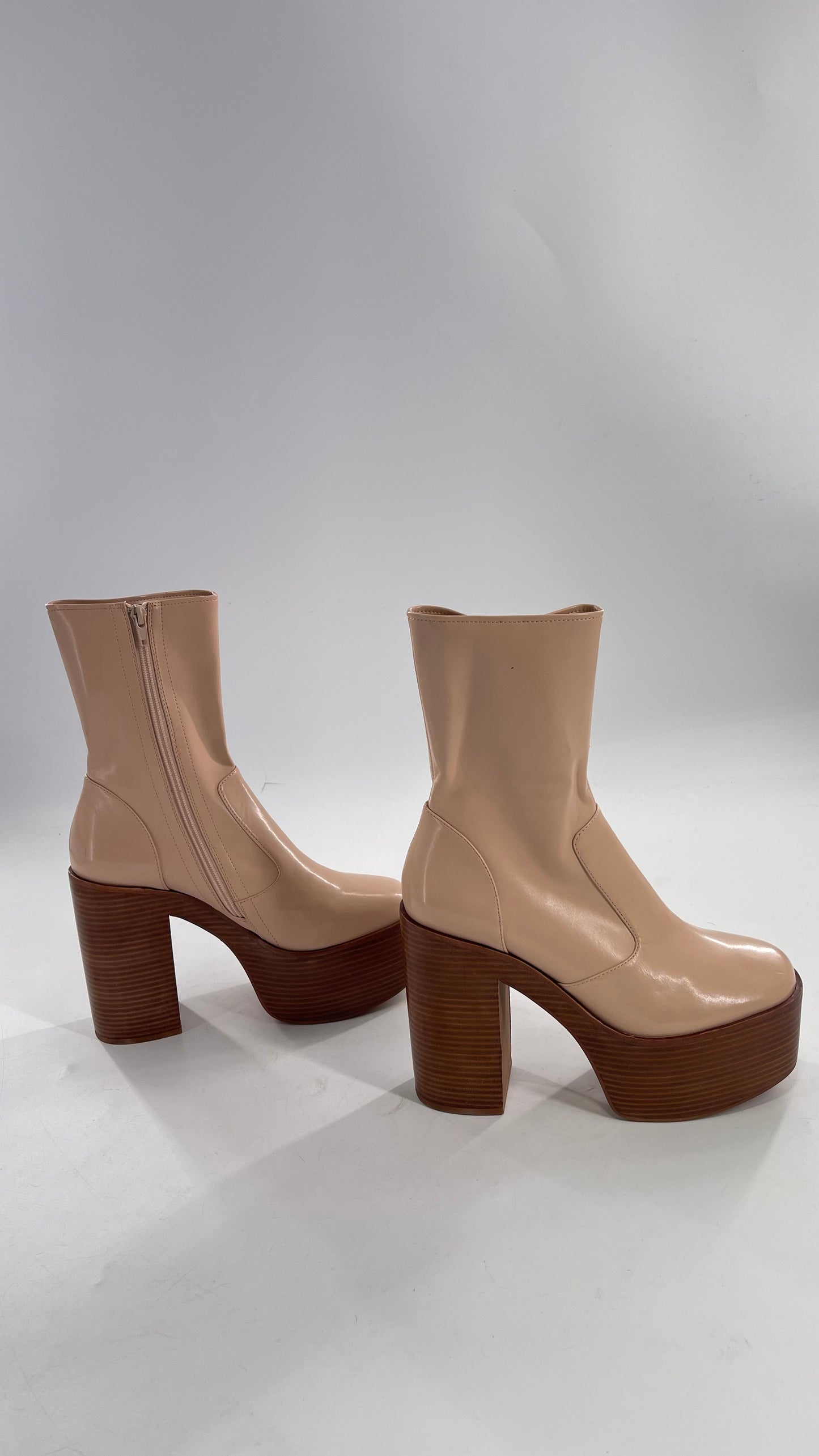 Free People X Jeffrey Campbell Mexique GoGo Boots • Beige Patent Boot with Wood Grain Chunky Block Heel and Platform (9)