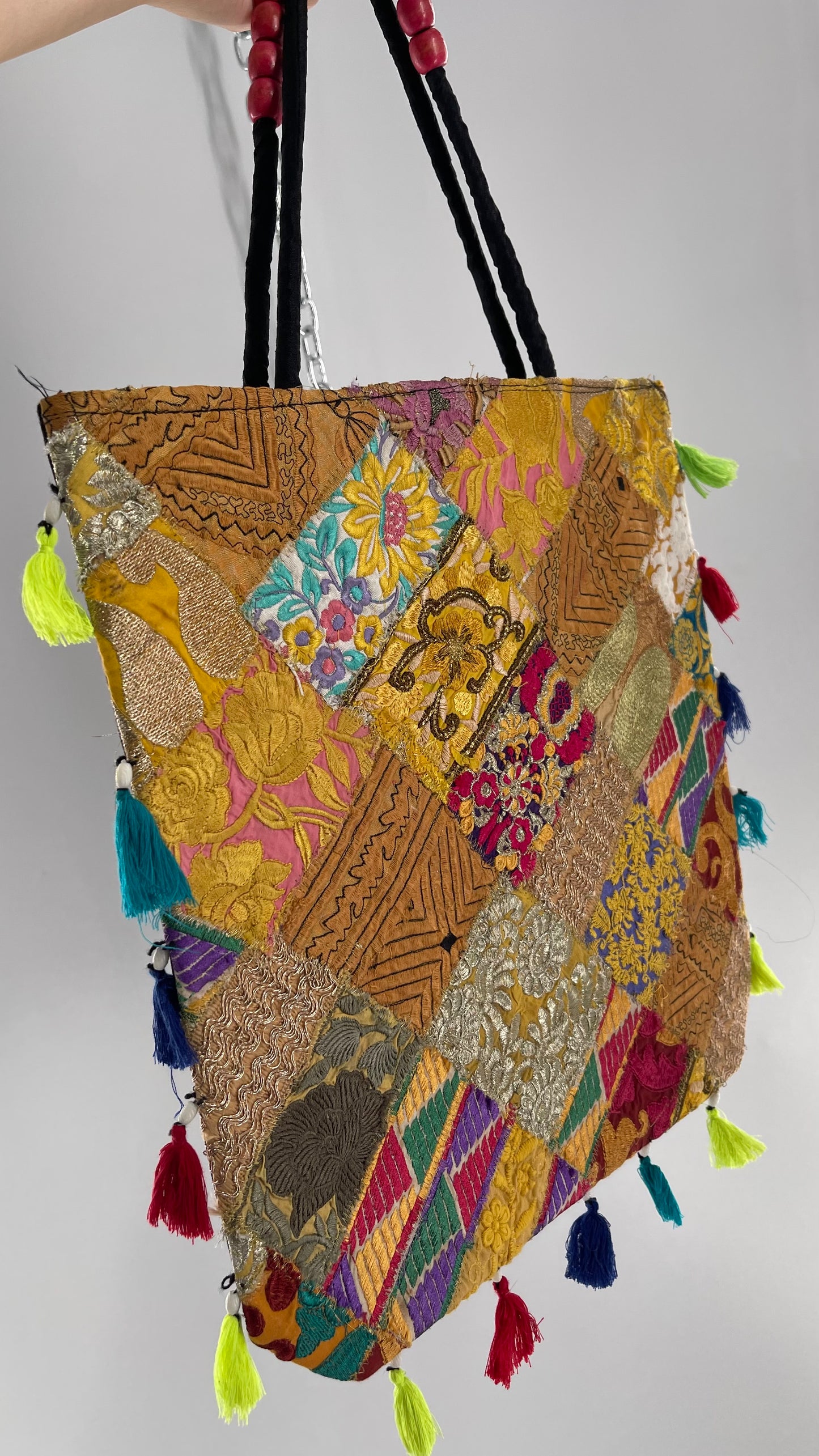 Imported Golden Yellow Patchwork Tote from Brazil with Tassel Detailing