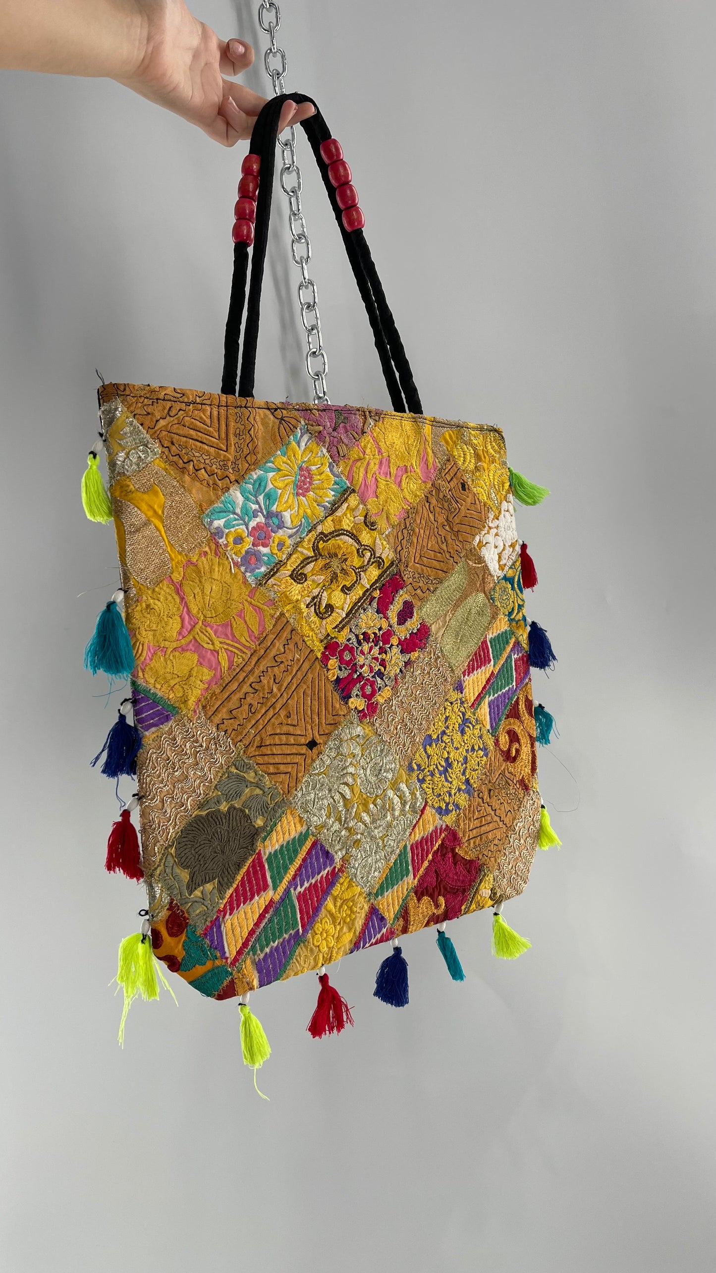 Imported Golden Yellow Patchwork Tote from Brazil with Tassel Detailing