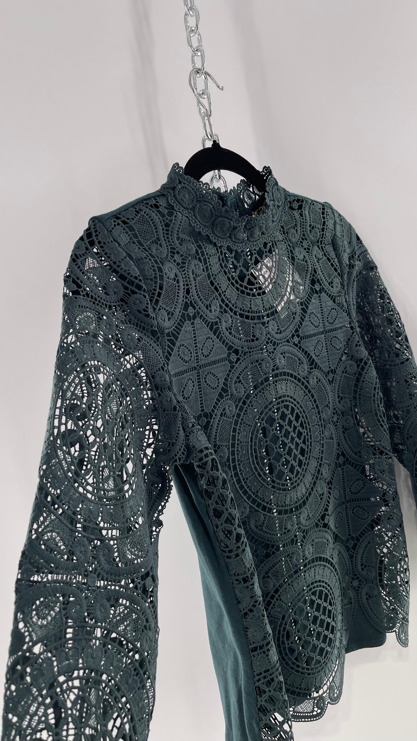 James Coviello New York Thick Lace Forest Green Blouse with Button Down Back (XS)